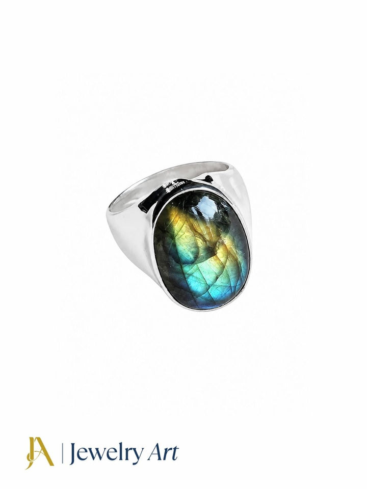 Unique natural Labradorite gemstone fashion ring for men in silver plated GS, handcrafted artisan jewelry displayed on a pure white background.
