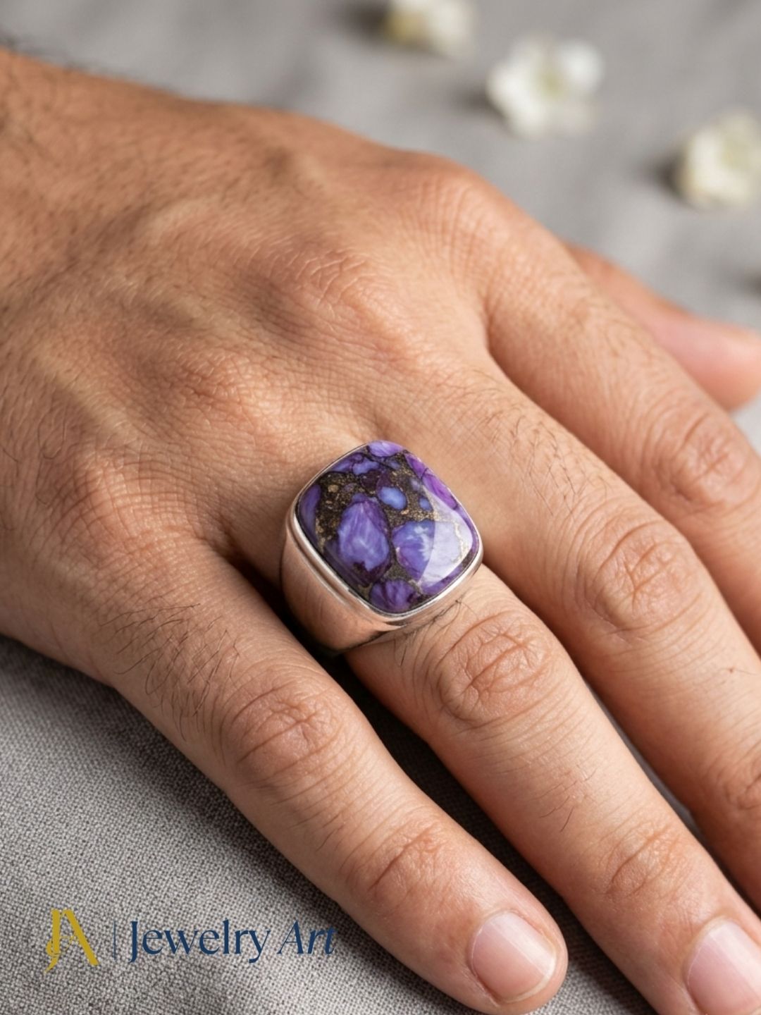 Men's fashion featuring handcrafted Natural Charoite statement ring
