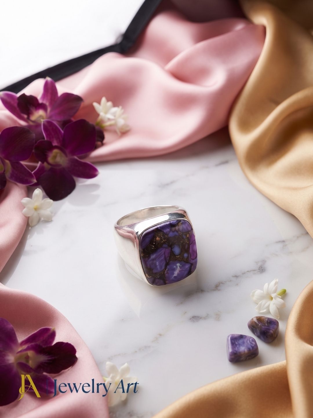 Elegant Natural Charoite silver overlay ring in premium jewelry display
