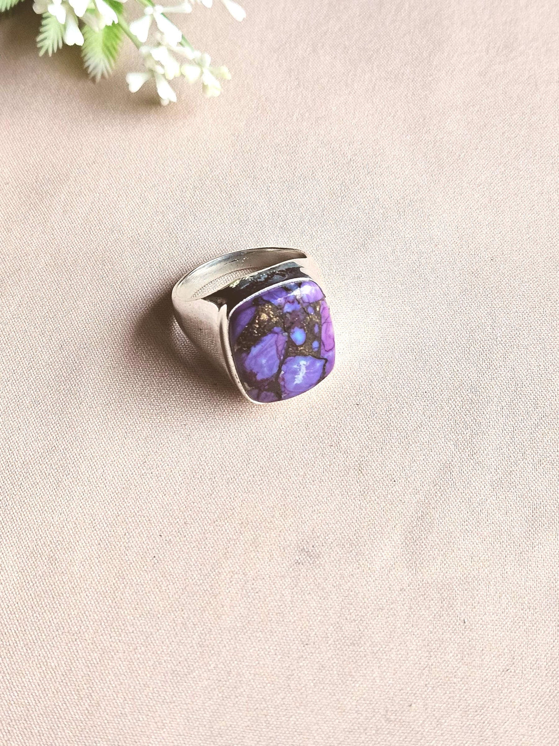 Natural Charoite Gemstone Men’s Ring – Handcrafted Silver Overlay GS Bold Statement Ring
