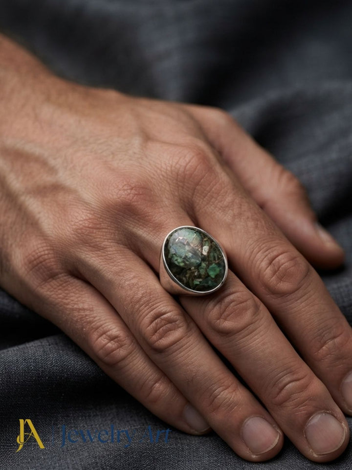  Premium men's accessory styling with a handcrafted Copper Chrysocola gemstone statement ring for everyday elegance.
