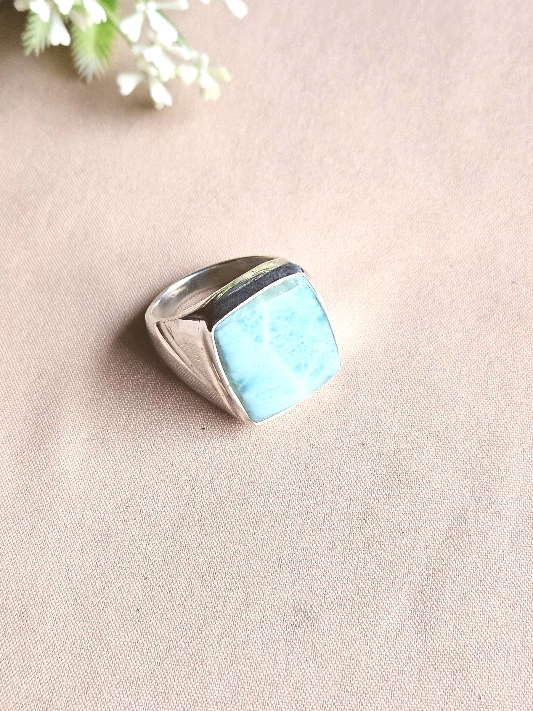 Natural Larimar Gemstone Men’s Ring – Handcrafted Silver Overlay GS Bold Statement Ring