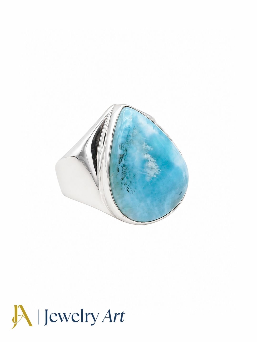 Natural Larimar gemstone men's ring in Silver Overlay GS, handcrafted bold statement ring isolated on a pure white background for premium eCommerce jewelry photography.
