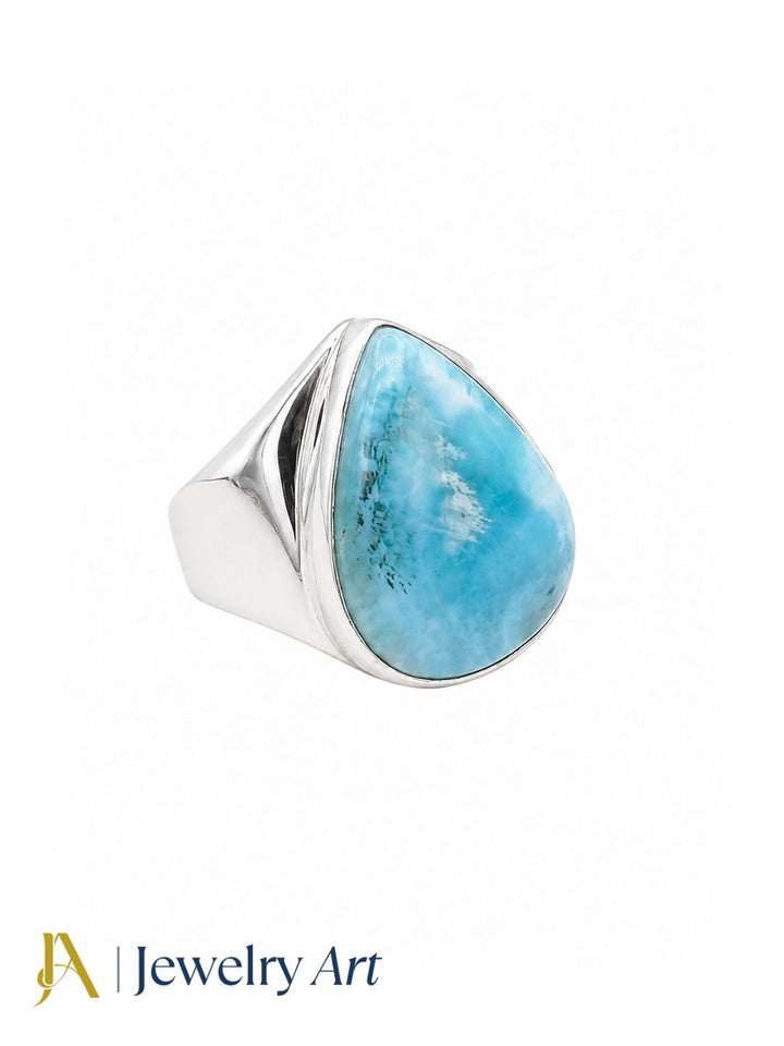 Natural Larimar gemstone men's ring in Silver Overlay GS, handcrafted bold statement ring isolated on a pure white background for premium eCommerce jewelry photography.
