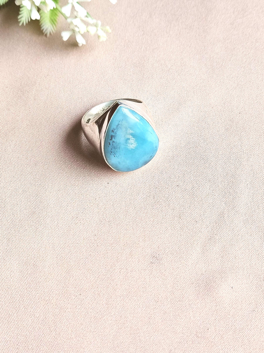 Natural Larimar Gemstone Men’s Ring – Handcrafted Silver Overlay GS Bold Statement Ring