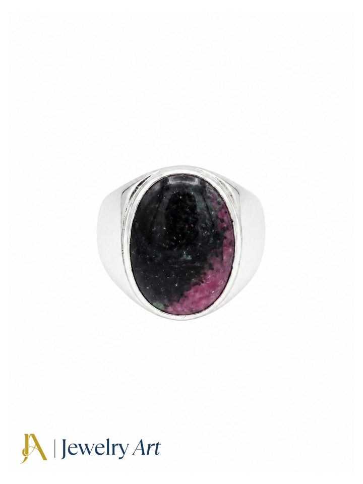 Premium Ruby Zoisite gemstone silver plated statement ring on white background
