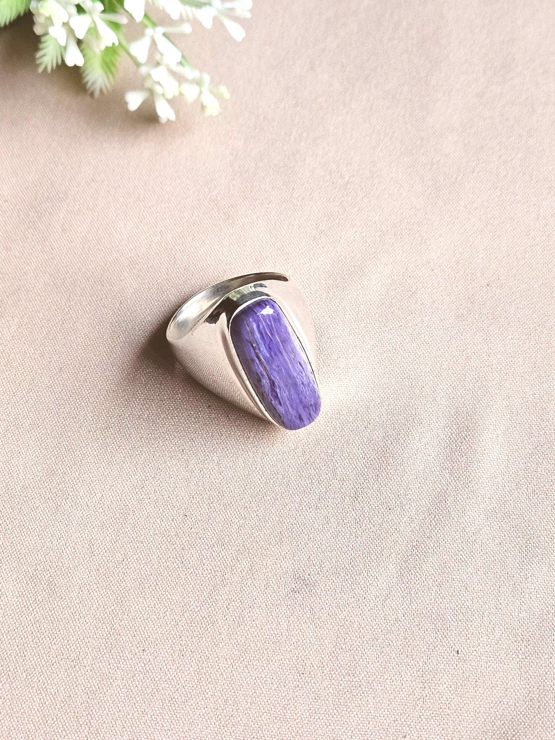 Natural Charoite Gemstone Men’s Ring – Handcrafted Silver Overlay GS Bold Statement Ring