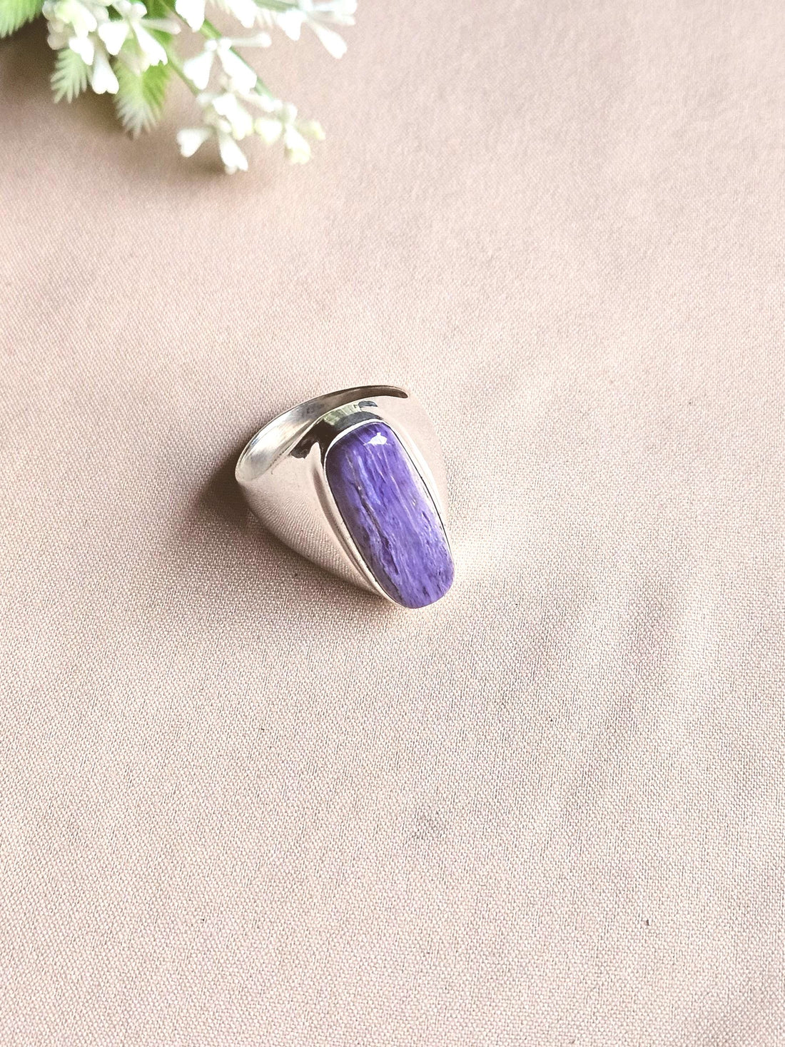 Natural Charoite Gemstone Men’s Ring – Handcrafted Silver Overlay GS Bold Statement Ring