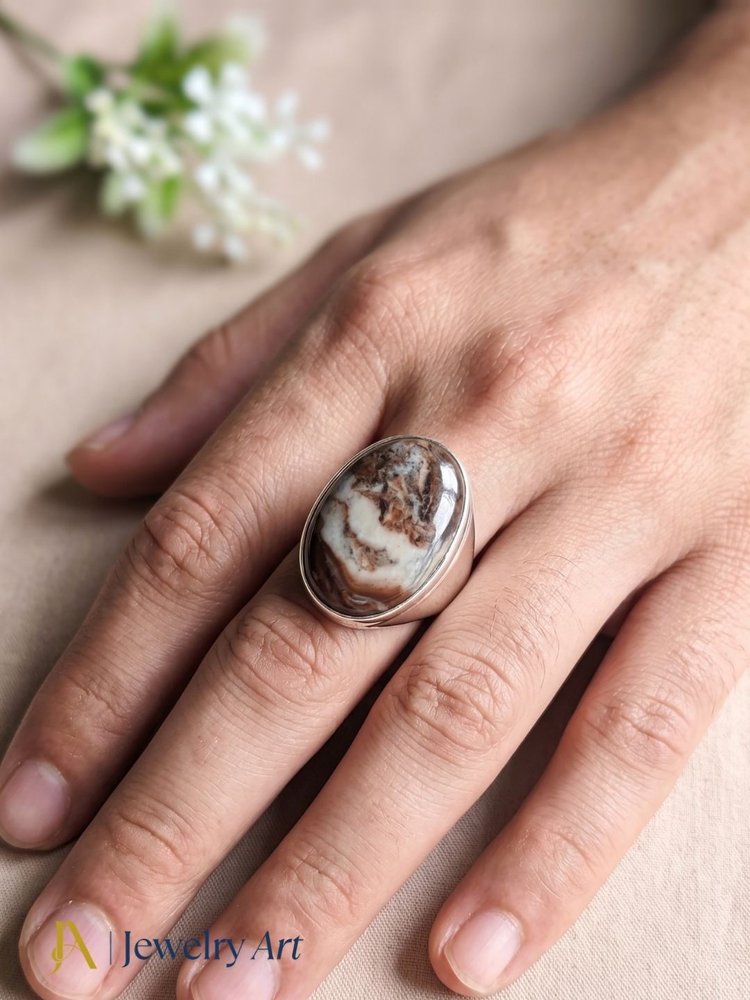 Men’s picture jasper stone ring silver tone handcrafted statement jewelry
