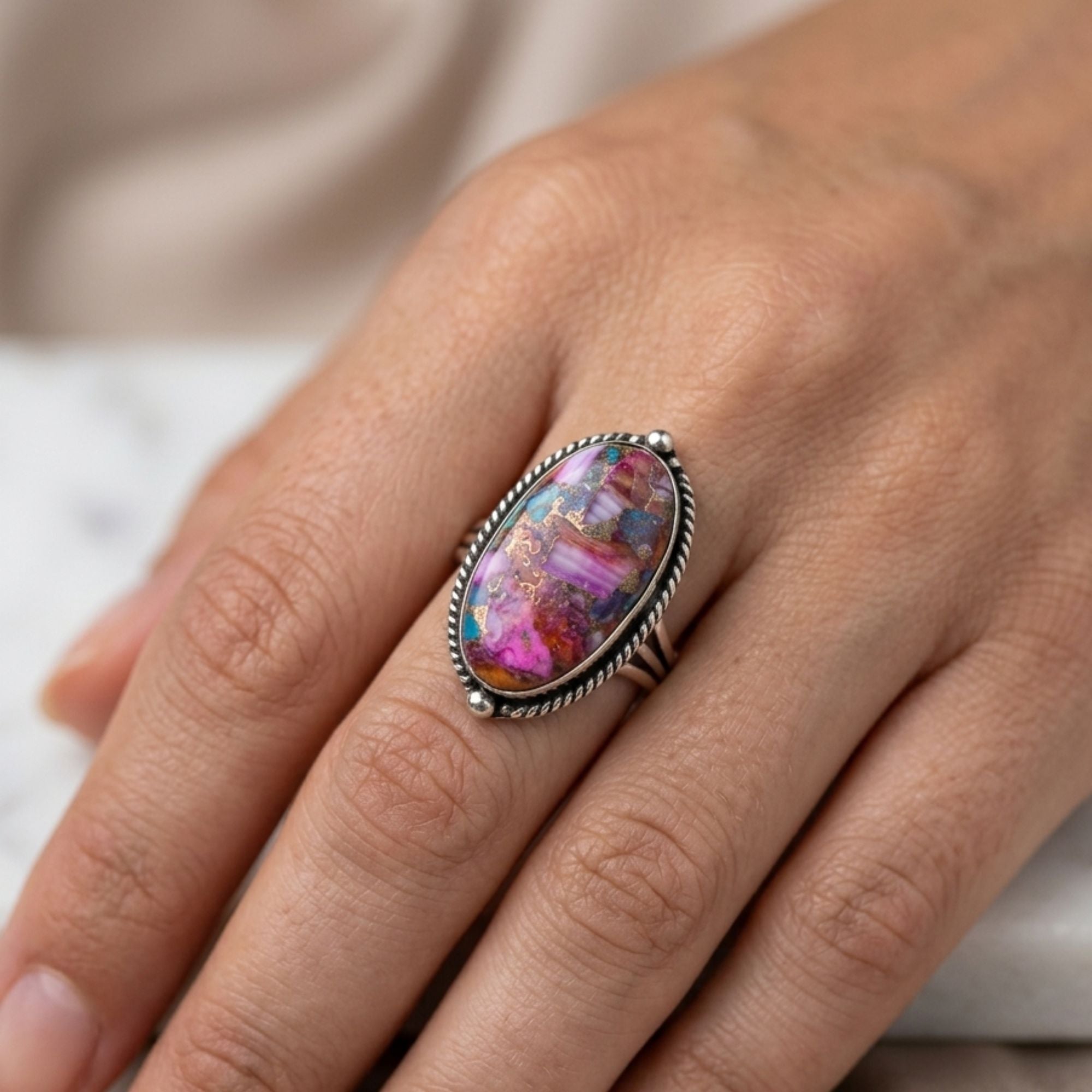 Pink Oyster Copper Turquoise Statement Ring, Adjustable US Size 9, Handmade 925 Silver Plated Jewelry, Natural Gemstone Gift for Her
