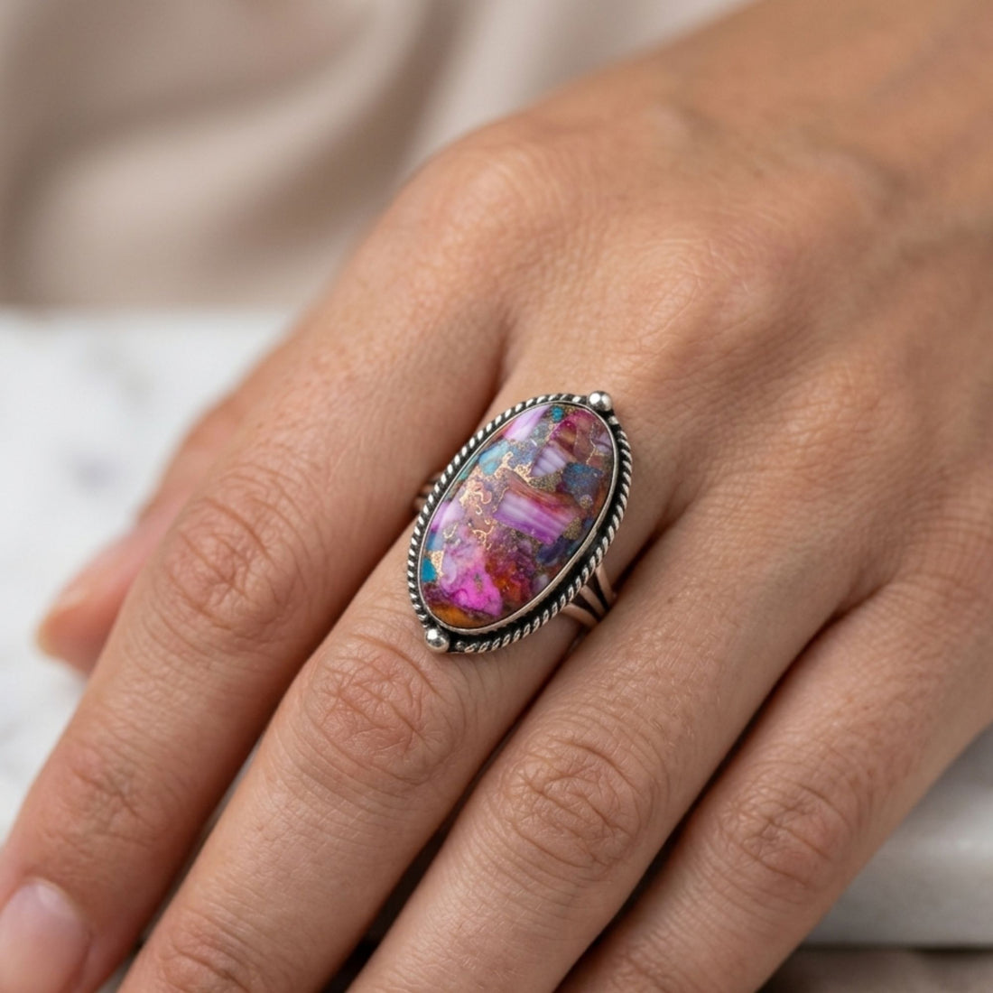 Pink Oyster Copper Turquoise Statement Ring, Adjustable US Size 9, Handmade 925 Silver Plated Jewelry, Natural Gemstone Gift for Her
