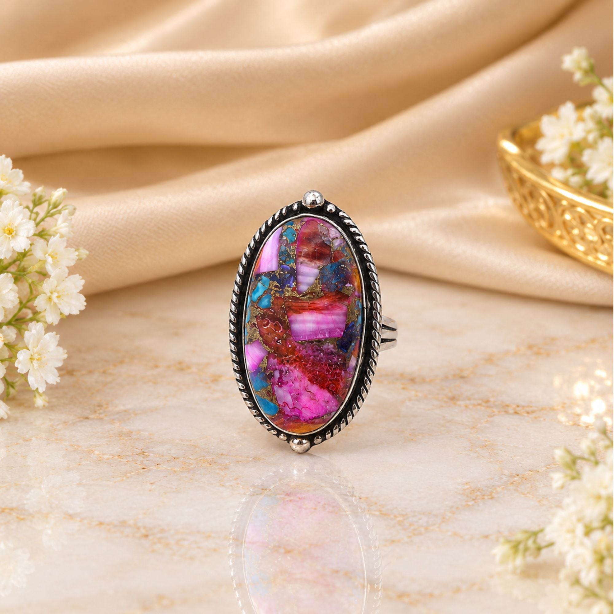 Pink Oyster Copper Turquoise Statement Ring, Adjustable US Size 9, Handmade 925 Silver Plated Jewelry, Natural Gemstone Gift for Her
