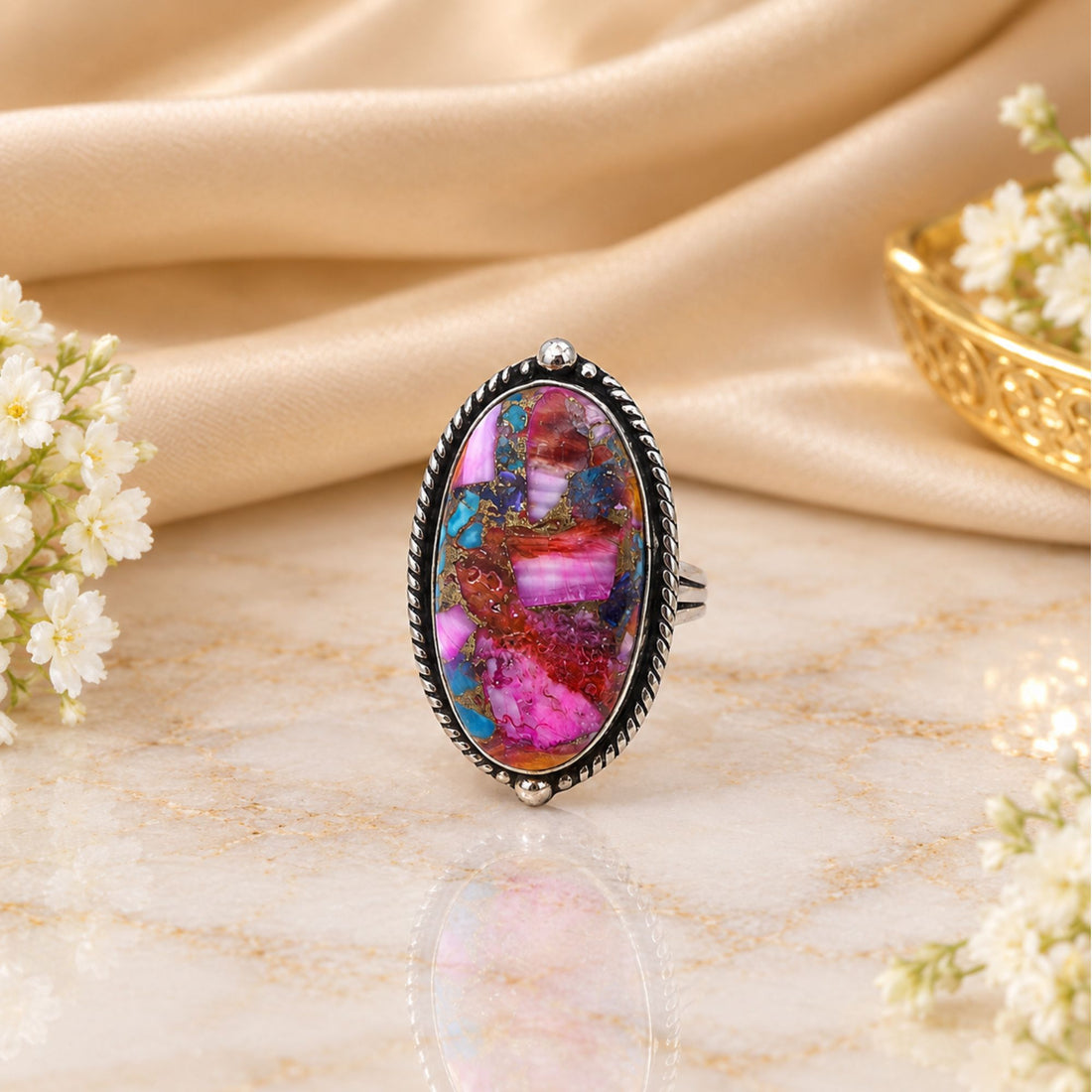 Pink Oyster Copper Turquoise Statement Ring, Adjustable US Size 9, Handmade 925 Silver Plated Jewelry, Natural Gemstone Gift for Her