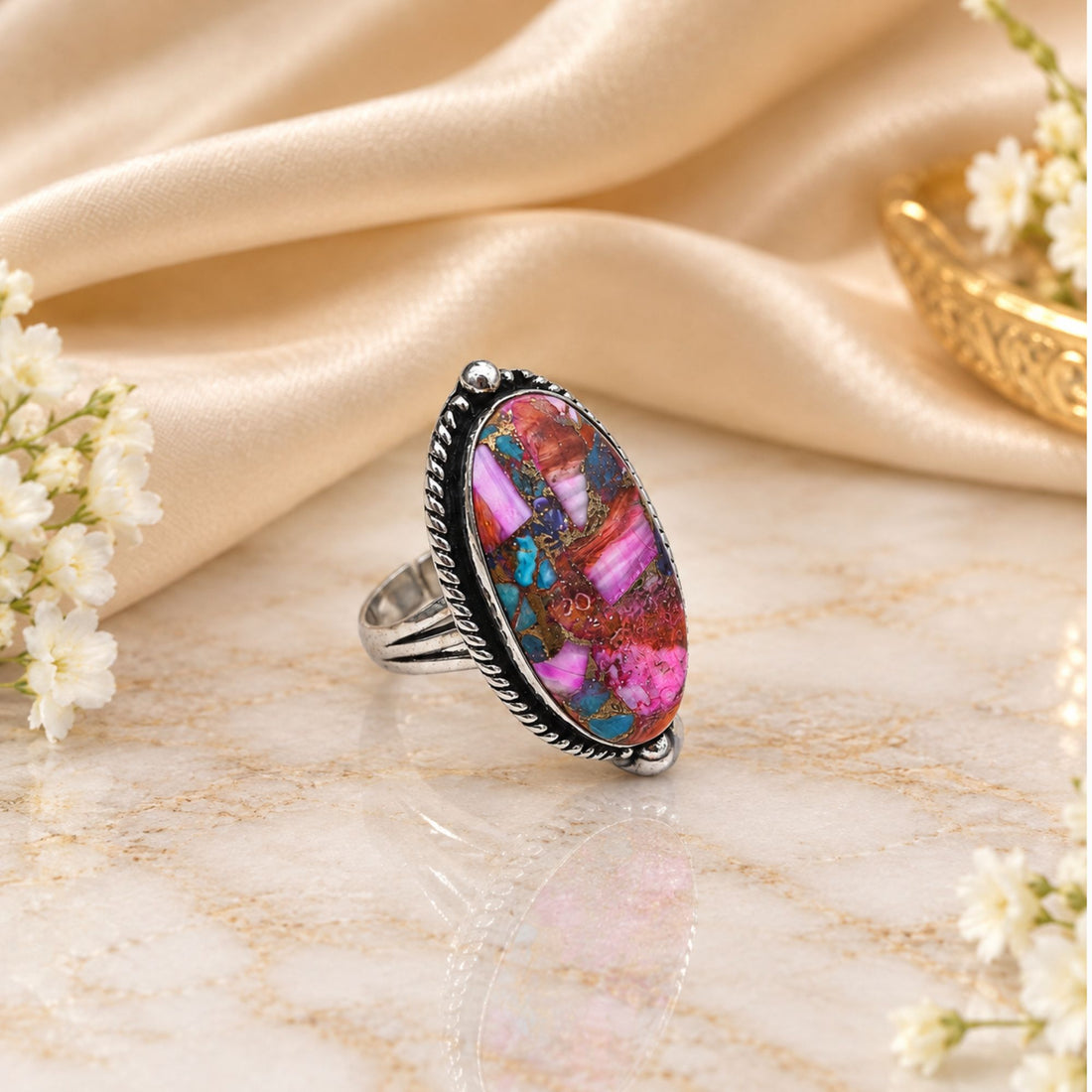 Pink Oyster Copper Turquoise Statement Ring, Adjustable US Size 9, Handmade 925 Silver Plated Jewelry, Natural Gemstone Gift for Her