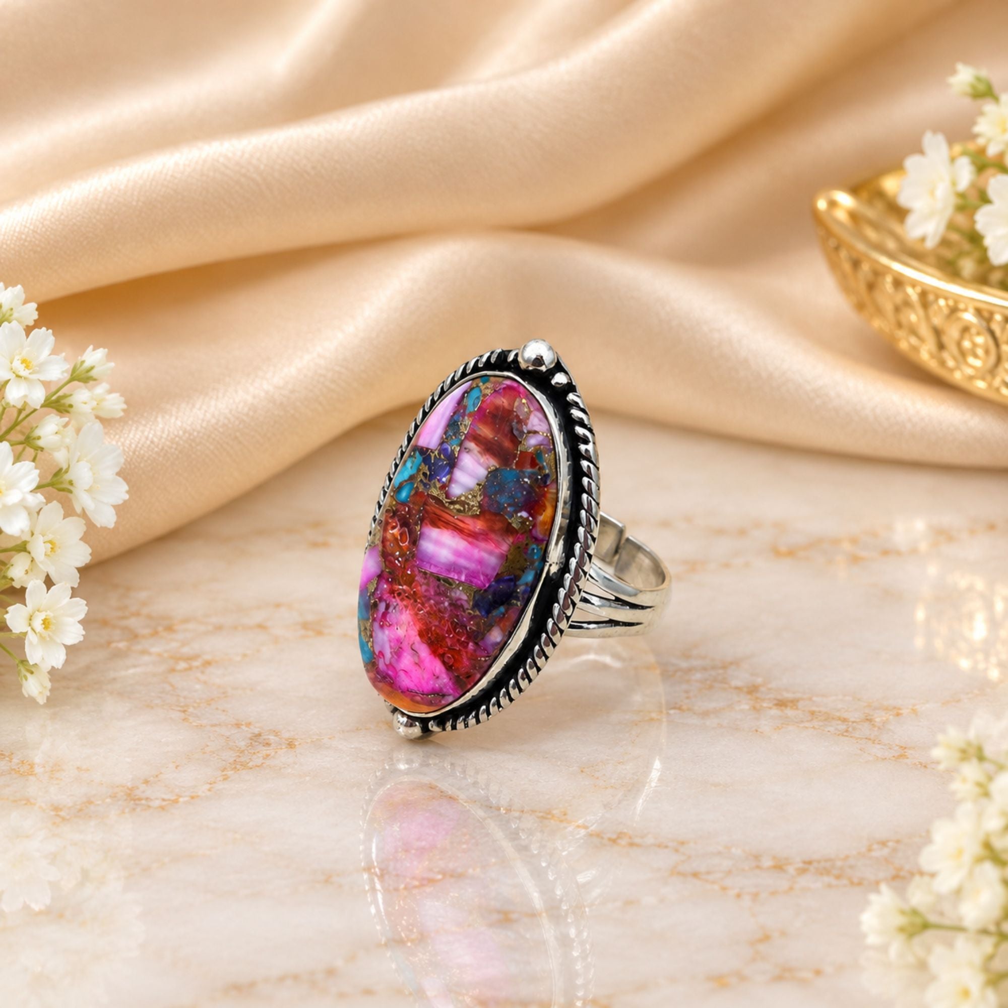 Pink Oyster Copper Turquoise Statement Ring, Adjustable US Size 9, Handmade 925 Silver Plated Jewelry, Natural Gemstone Gift for Her