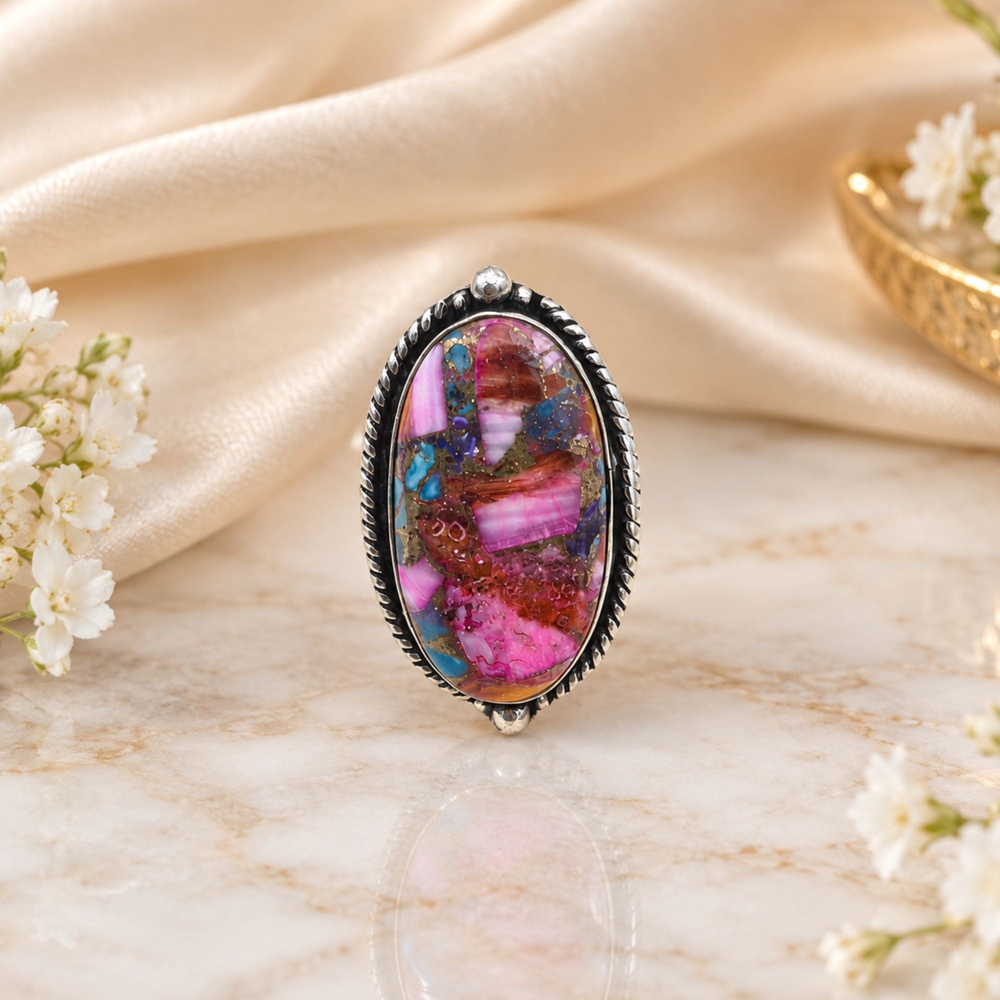Pink Oyster Copper Turquoise Statement Ring, Adjustable US Size 9, Handmade 925 Silver Plated Jewelry, Natural Gemstone Gift for Her