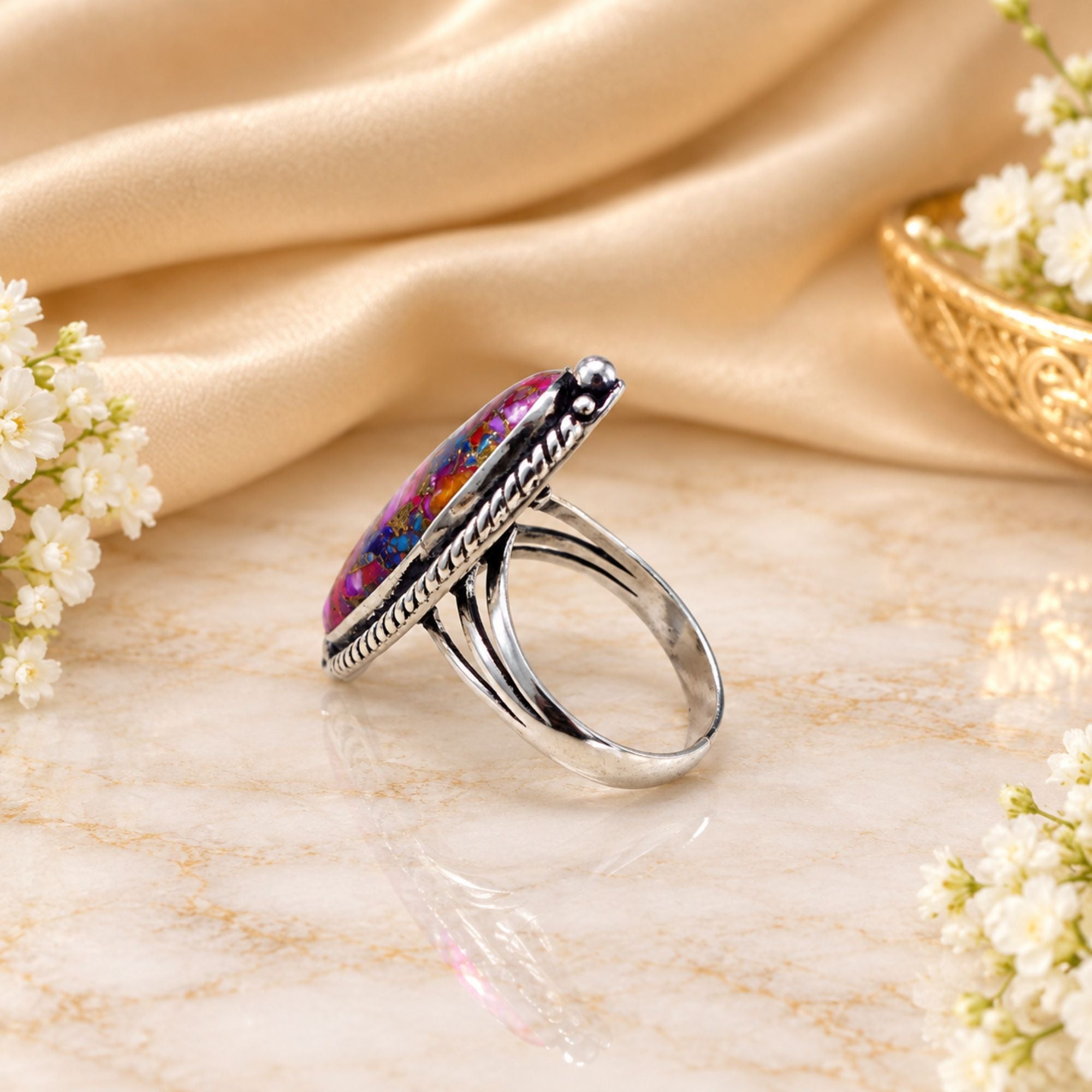 Pink Oyster Copper Turquoise Statement Ring, Adjustable US Size 9, Handmade 925 Silver Plated Jewelry, Natural Gemstone Gift for Her