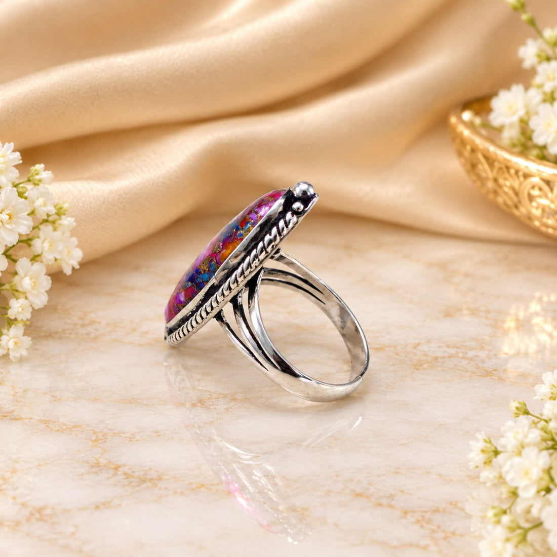 Pink Oyster Copper Turquoise Statement Ring, Adjustable US Size 9, Handmade 925 Silver Plated Jewelry, Natural Gemstone Gift for Her