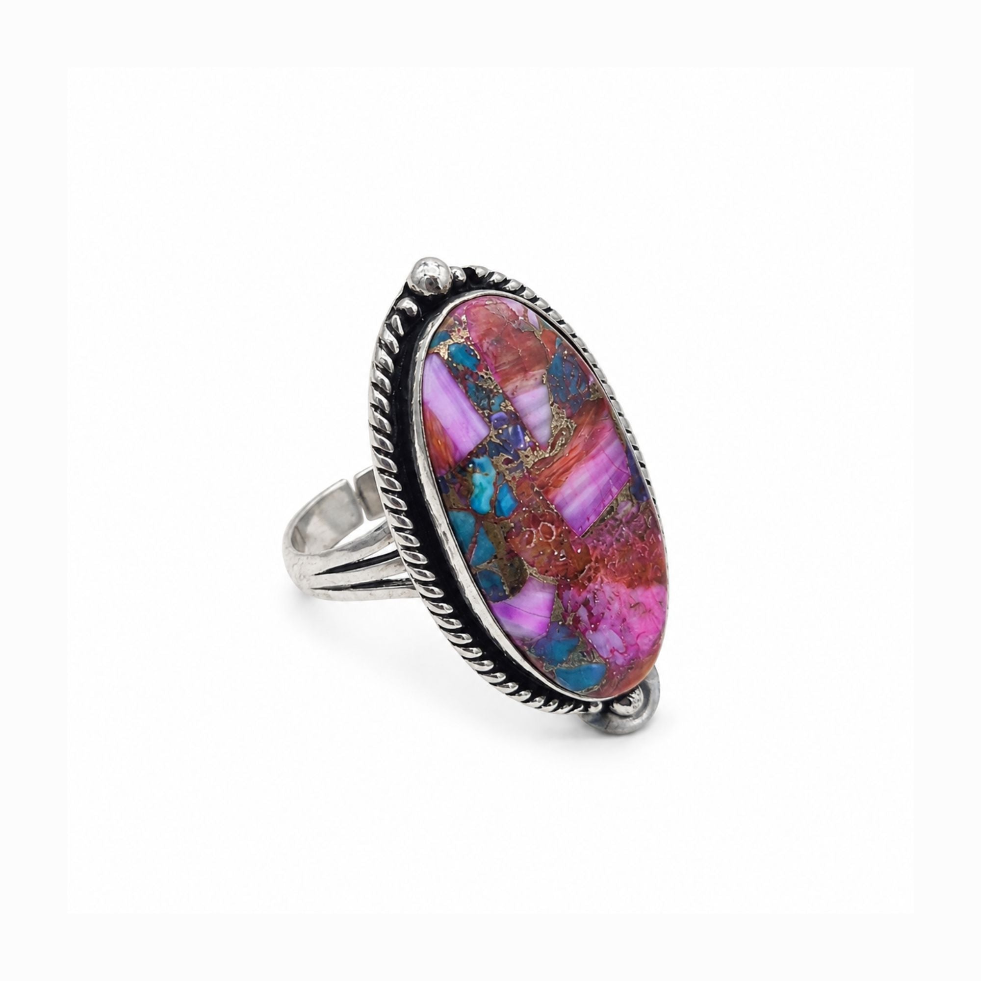 Pink Oyster Copper Turquoise Statement Ring, Adjustable US Size 9, Handmade 925 Silver Plated Jewelry, Natural Gemstone Gift for Her