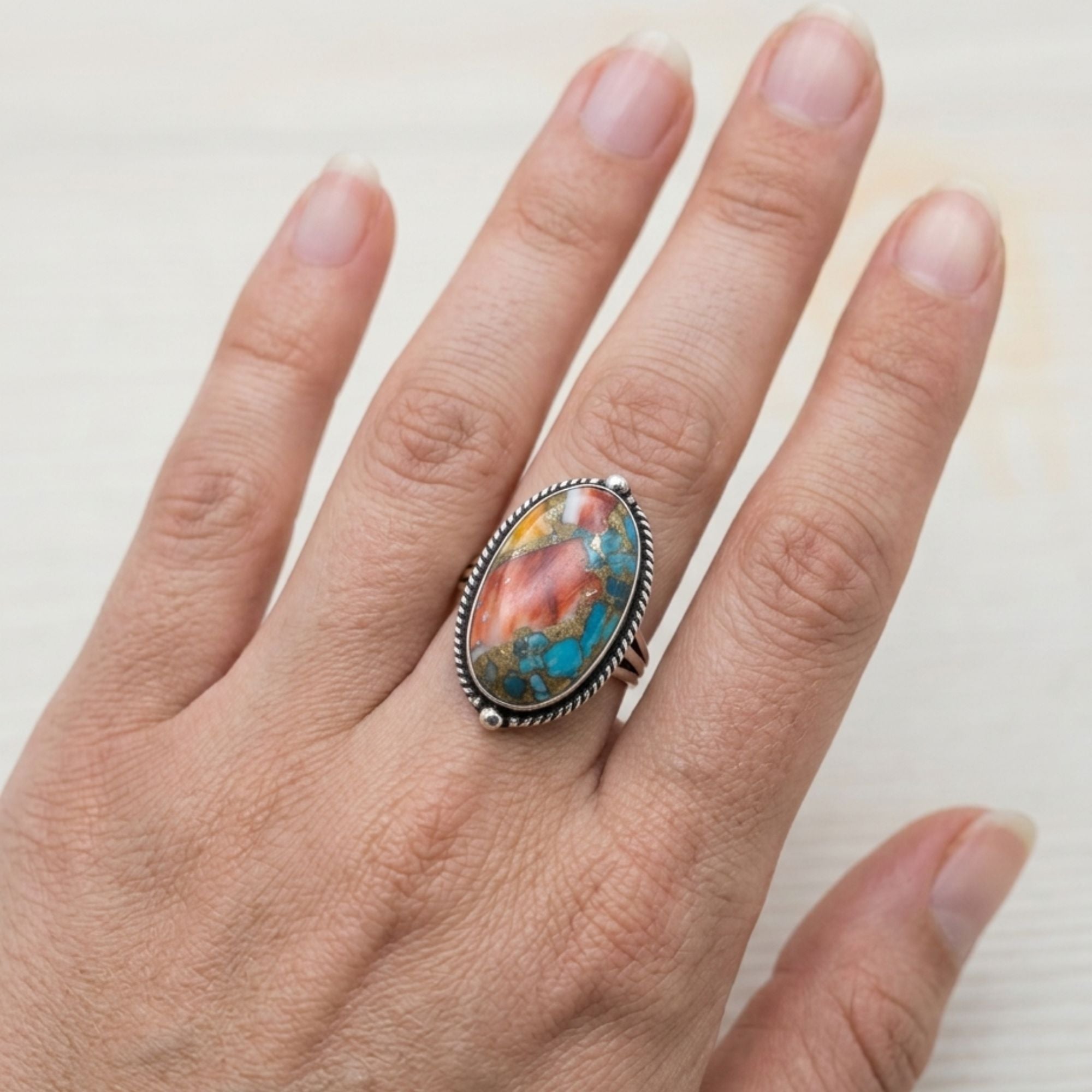 Oyster Copper Turquoise Statement Ring, Adjustable US Size 9, Handmade 925 Silver Plated Jewelry, Natural Gemstone Gift for Her