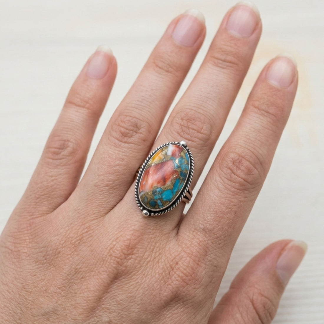 Oyster Copper Turquoise Statement Ring, Adjustable US Size 9, Handmade 925 Silver Plated Jewelry, Natural Gemstone Gift for Her