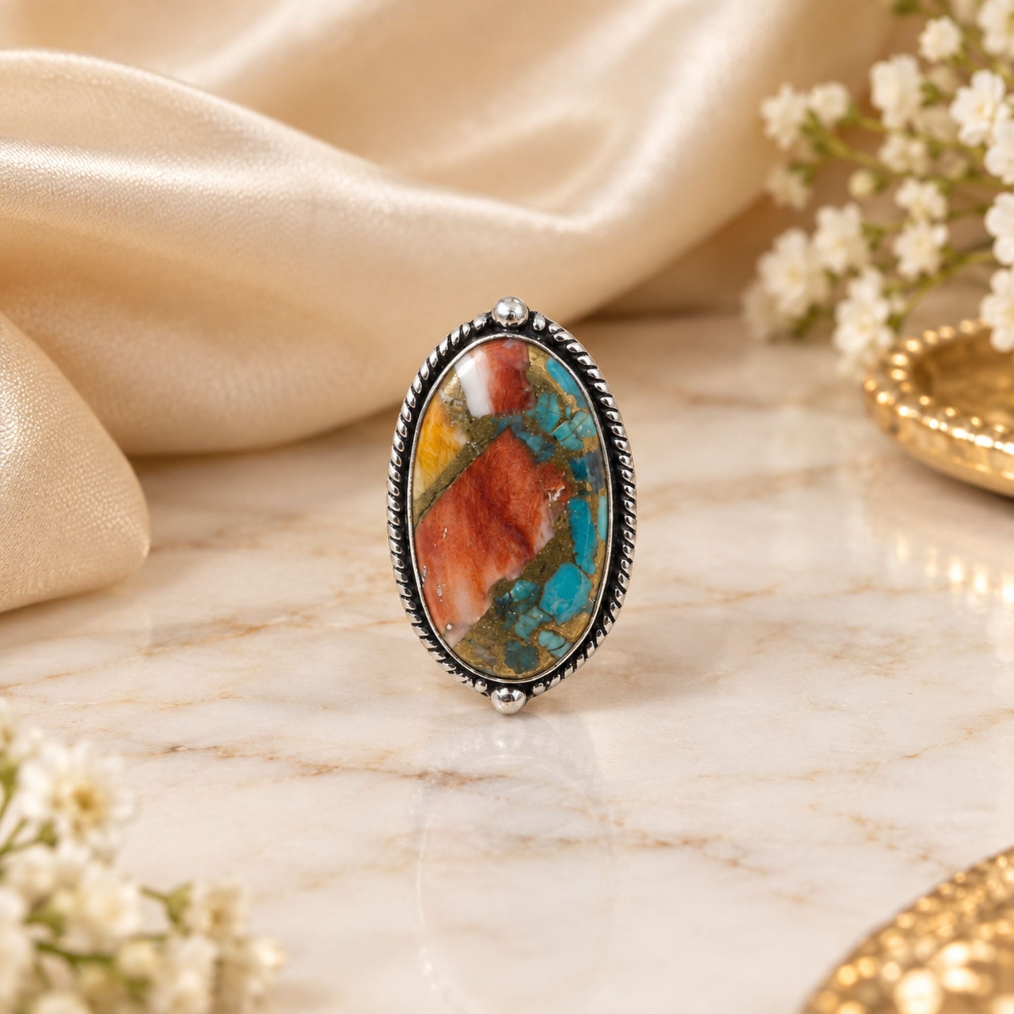 Oyster Copper Turquoise Statement Ring, Adjustable US Size 9, Handmade 925 Silver Plated Jewelry, Natural Gemstone Gift for Her