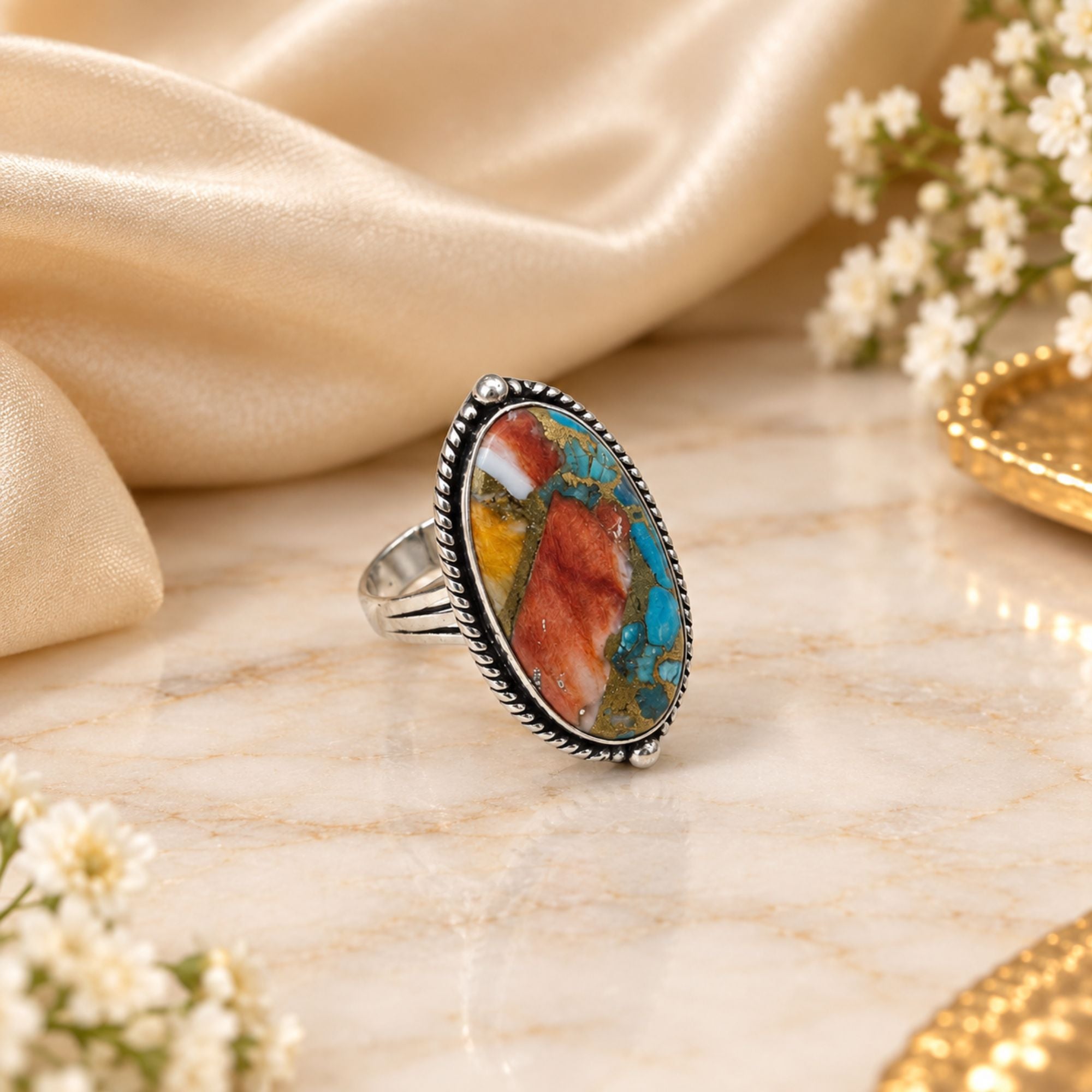Oyster Copper Turquoise Statement Ring, Adjustable US Size 9, Handmade 925 Silver Plated Jewelry, Natural Gemstone Gift for Her