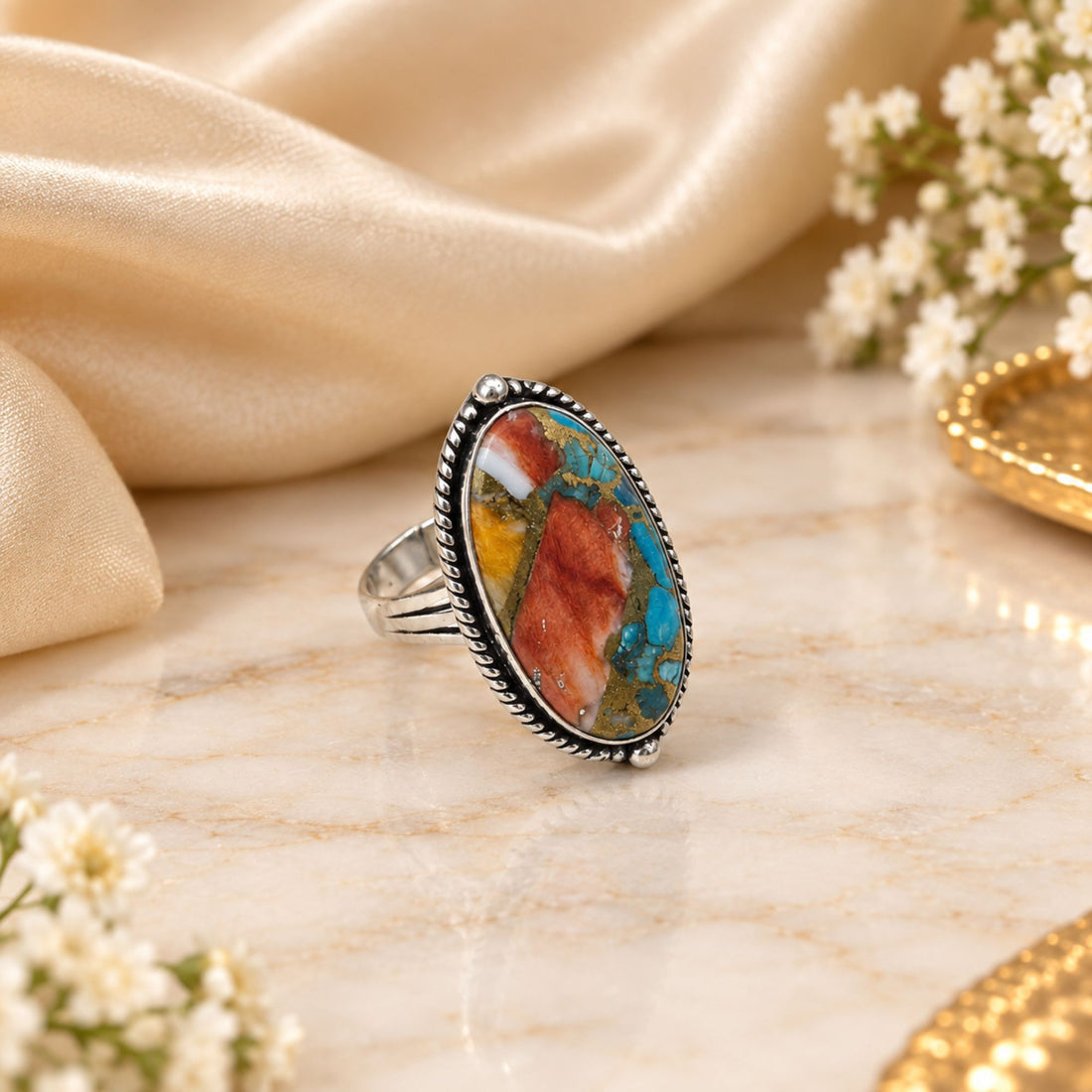 Oyster Copper Turquoise Statement Ring, Adjustable US Size 9, Handmade 925 Silver Plated Jewelry, Natural Gemstone Gift for Her