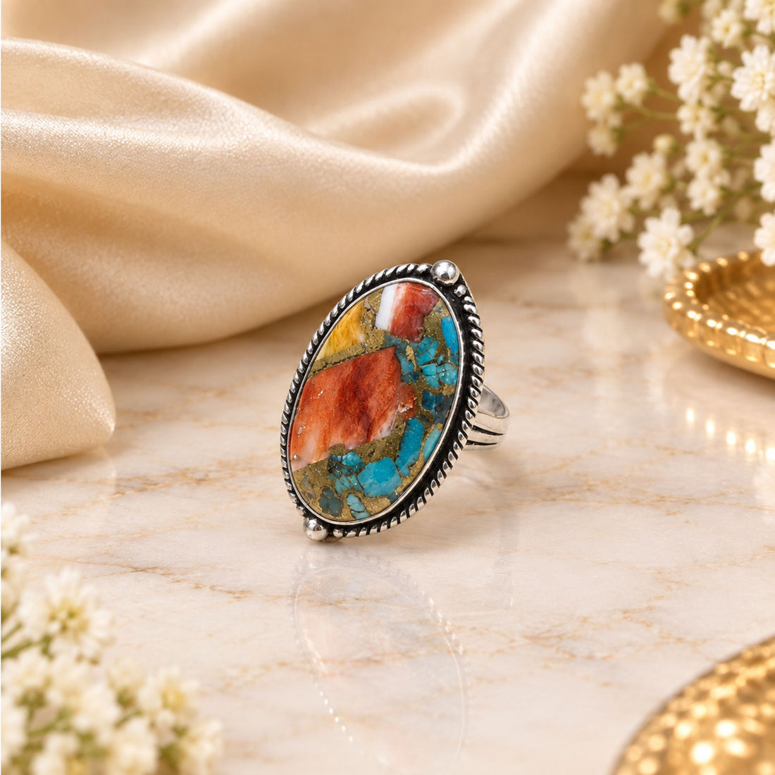 Oyster Copper Turquoise Statement Ring, Adjustable US Size 9, Handmade 925 Silver Plated Jewelry, Natural Gemstone Gift for Her