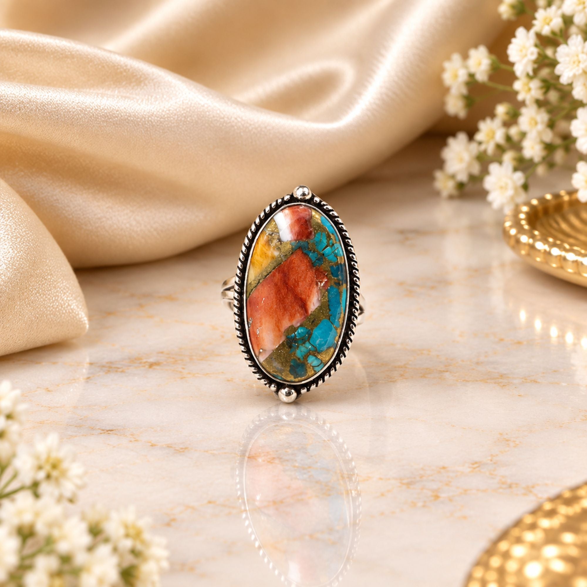 Oyster Copper Turquoise Statement Ring, Adjustable US Size 9, Handmade 925 Silver Plated Jewelry, Natural Gemstone Gift for Her