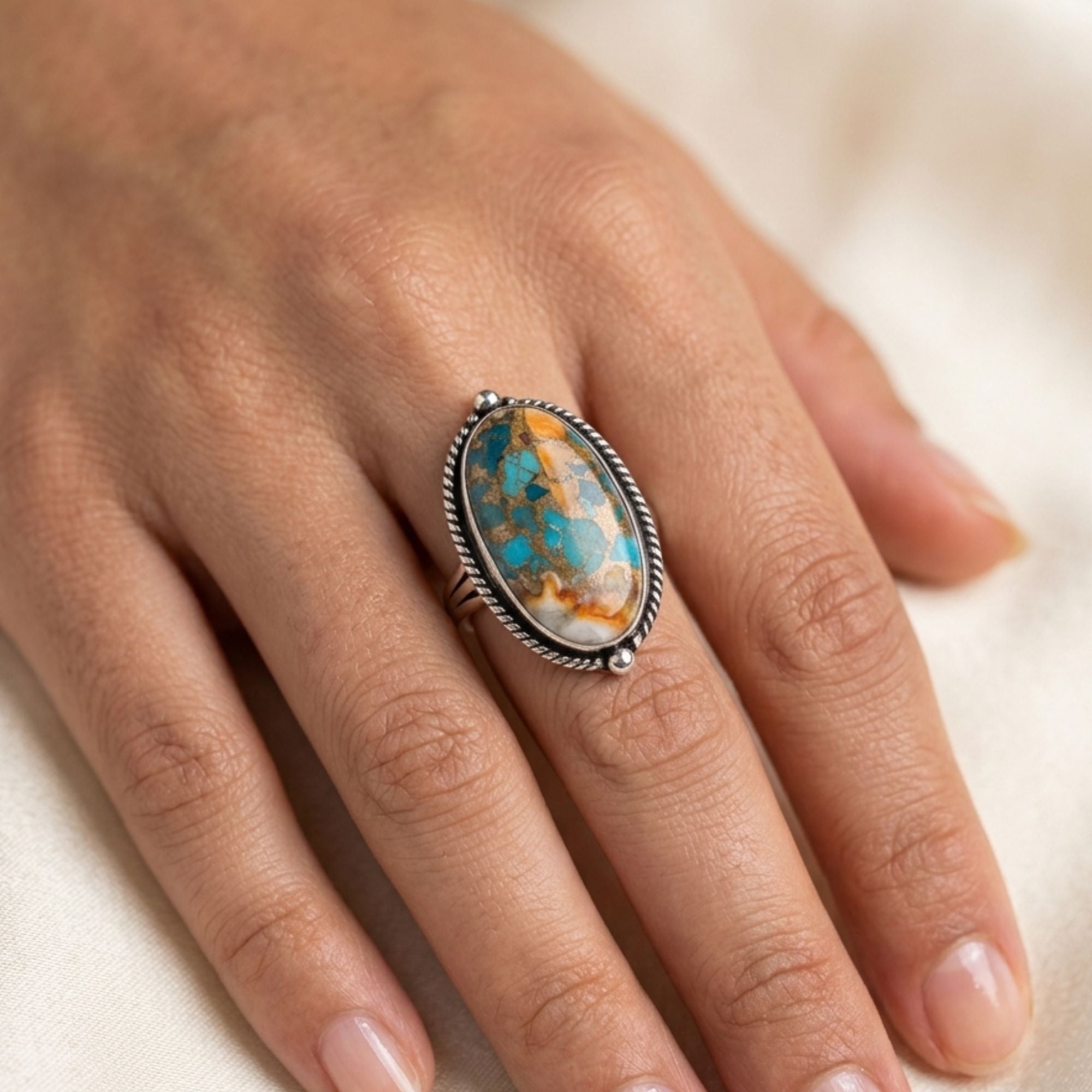 Oyster Copper Turquoise Statement Ring, Adjustable US Size 9, Handmade 925 Silver Plated Jewelry, Natural Gemstone Gift for Her