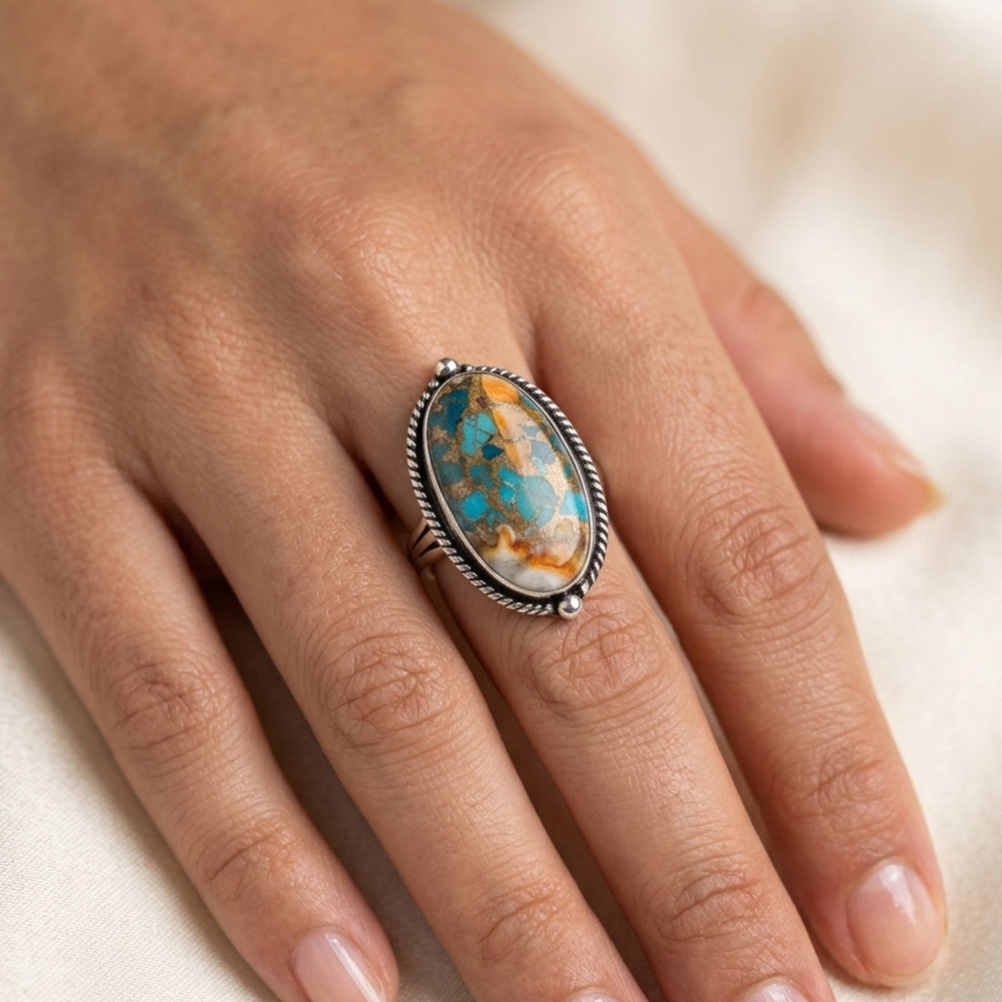 Oyster Copper Turquoise Statement Ring, Adjustable US Size 9, Handmade 925 Silver Plated Jewelry, Natural Gemstone Gift for Her
