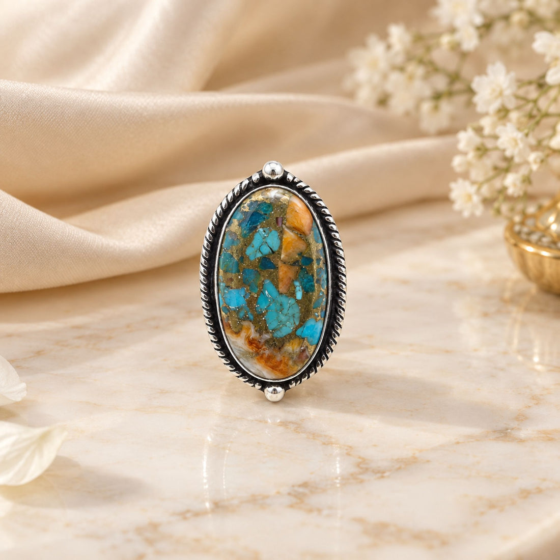 Oyster Copper Turquoise Statement Ring, Adjustable US Size 9, Handmade 925 Silver Plated Jewelry, Natural Gemstone Gift for Her