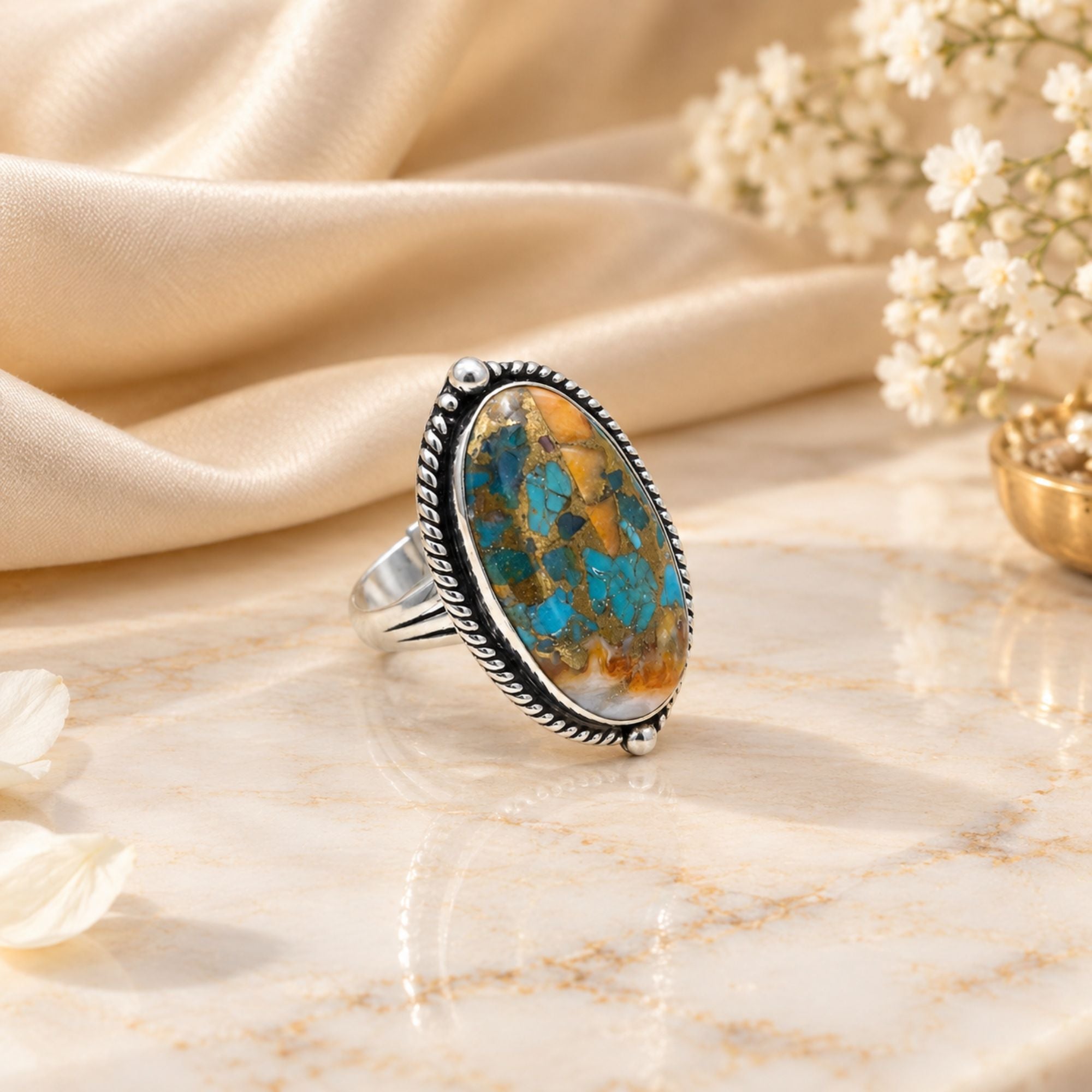 Oyster Copper Turquoise Statement Ring, Adjustable US Size 9, Handmade 925 Silver Plated Jewelry, Natural Gemstone Gift for Her
