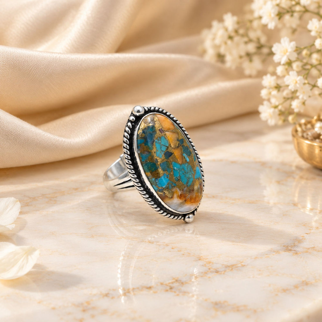 Oyster Copper Turquoise Statement Ring, Adjustable US Size 9, Handmade 925 Silver Plated Jewelry, Natural Gemstone Gift for Her