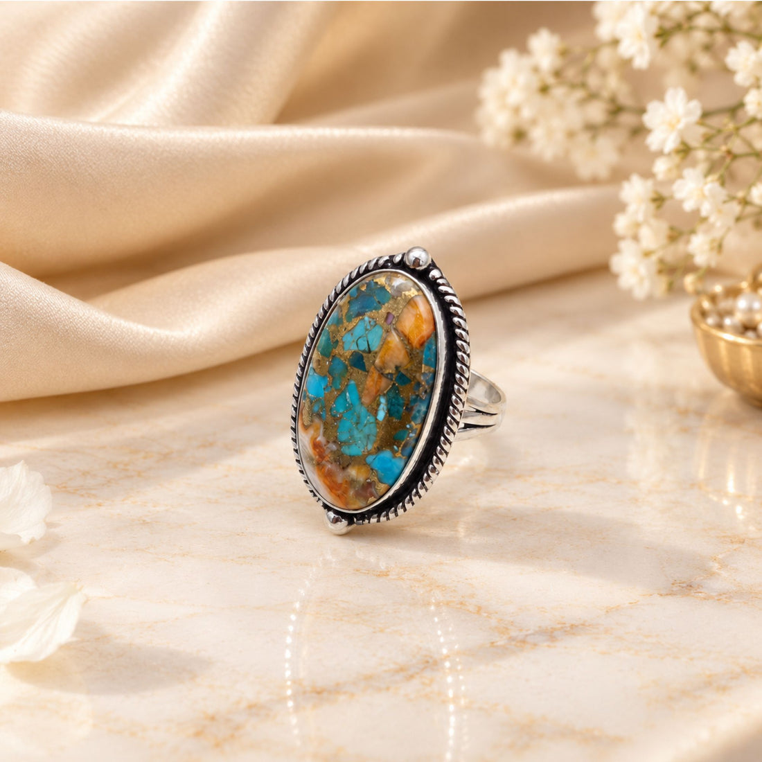 Oyster Copper Turquoise Statement Ring, Adjustable US Size 9, Handmade 925 Silver Plated Jewelry, Natural Gemstone Gift for Her
