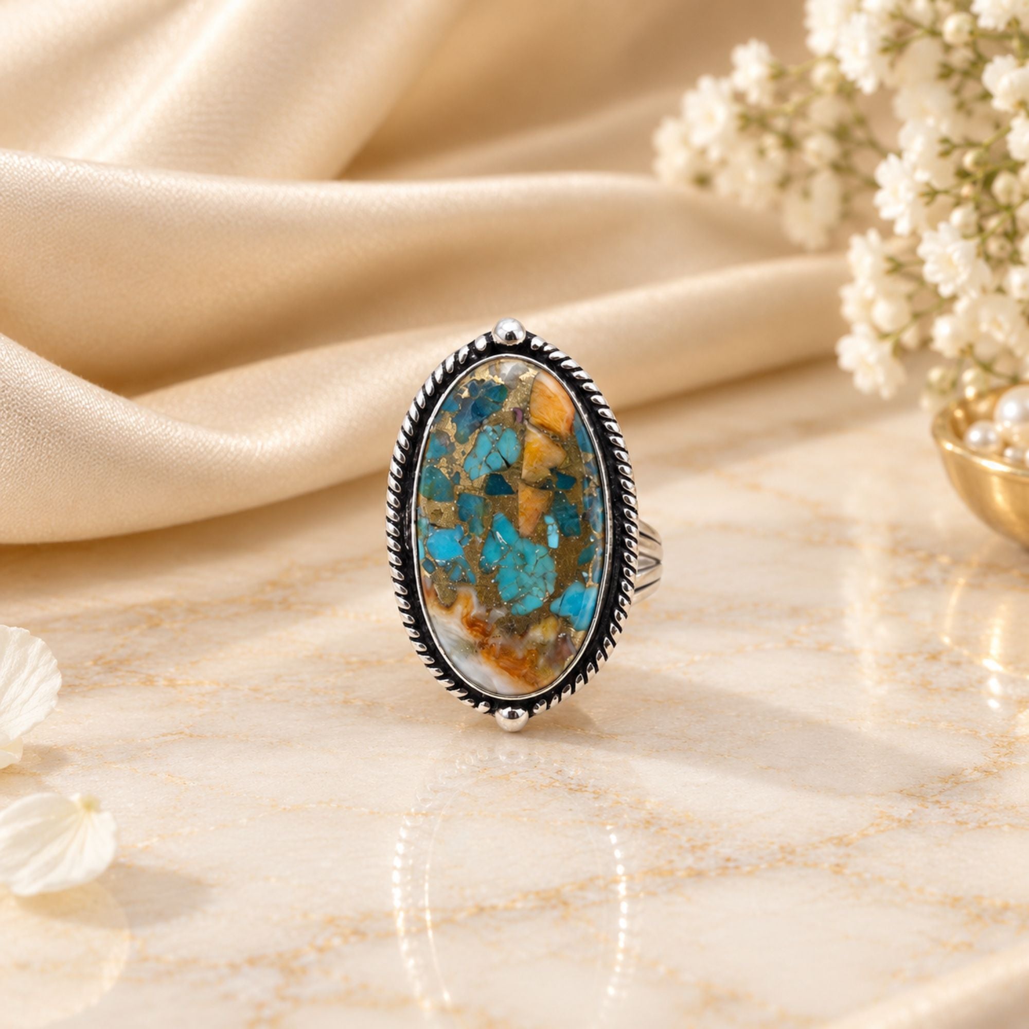 Oyster Copper Turquoise Statement Ring, Adjustable US Size 9, Handmade 925 Silver Plated Jewelry, Natural Gemstone Gift for Her