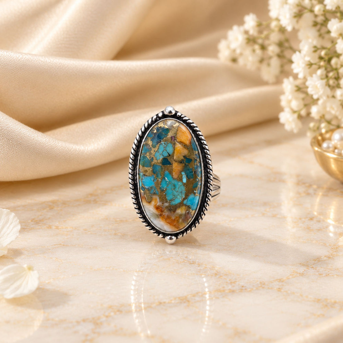Oyster Copper Turquoise Statement Ring, Adjustable US Size 9, Handmade 925 Silver Plated Jewelry, Natural Gemstone Gift for Her