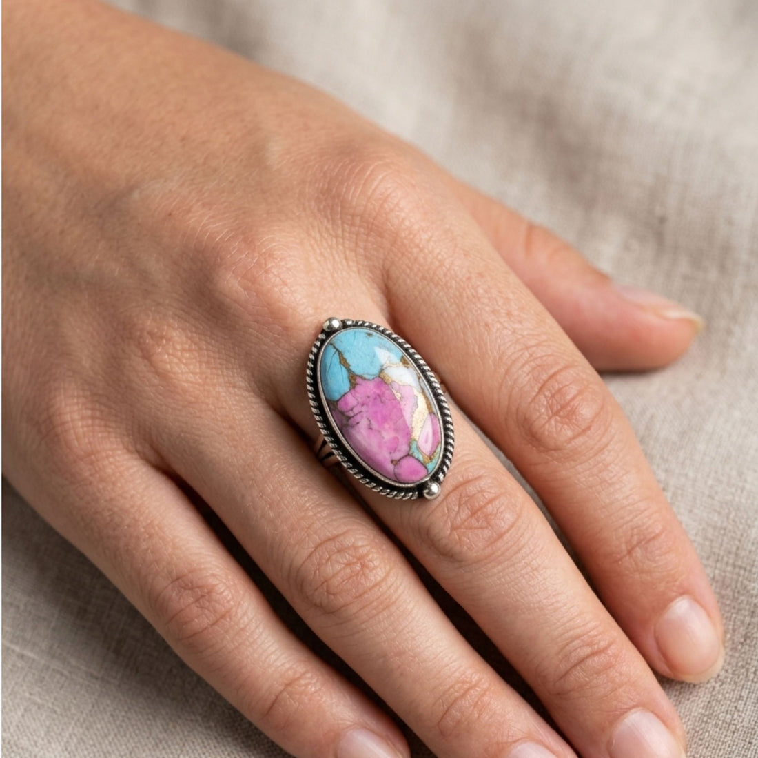 Pink Copper Turquoise Statement Ring, Adjustable US Size 9, Handmade 925 Silver Plated Jewelry, Natural Gemstone Gift for Her