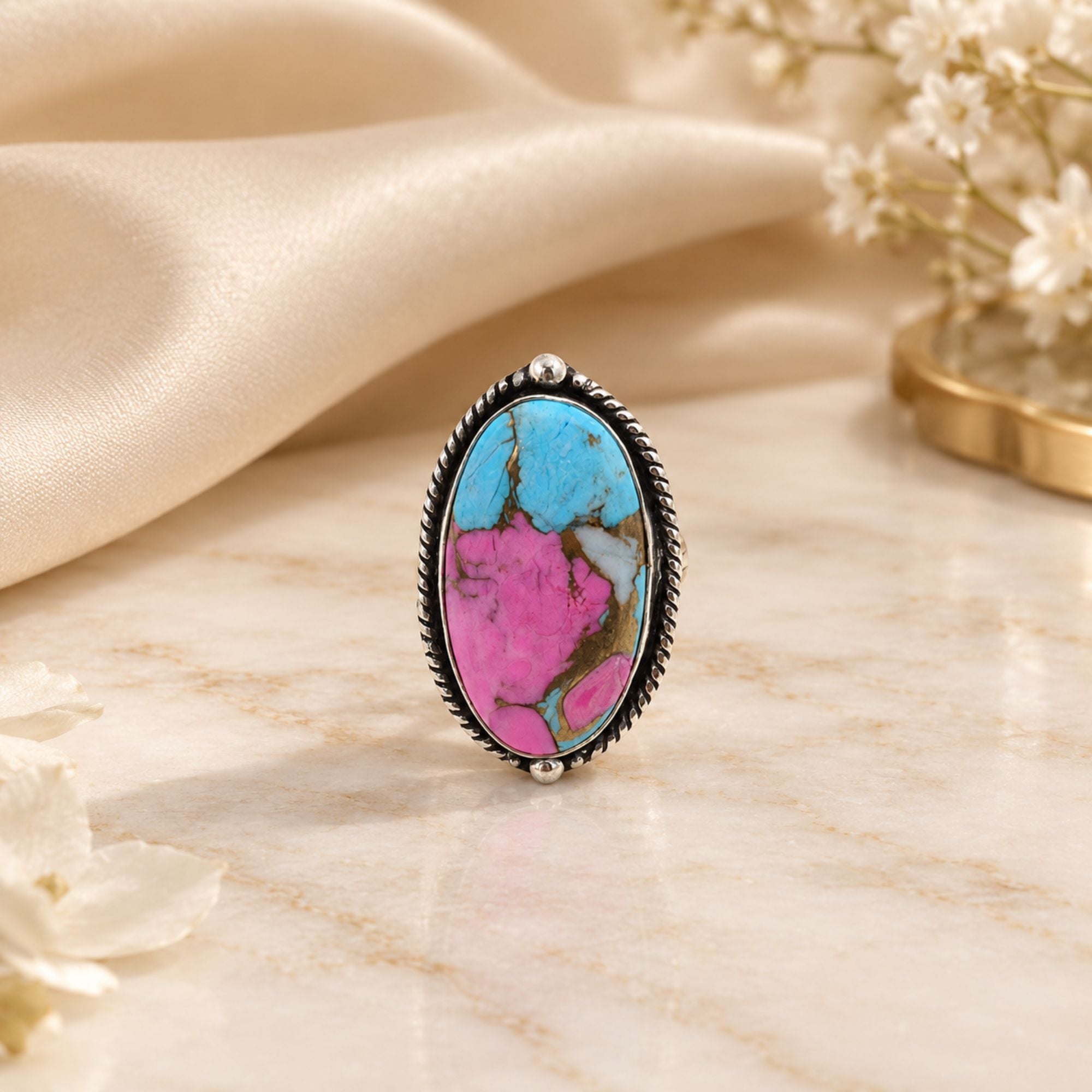 Pink Copper Turquoise Statement Ring, Adjustable US Size 9, Handmade 925 Silver Plated Jewelry, Natural Gemstone Gift for Her