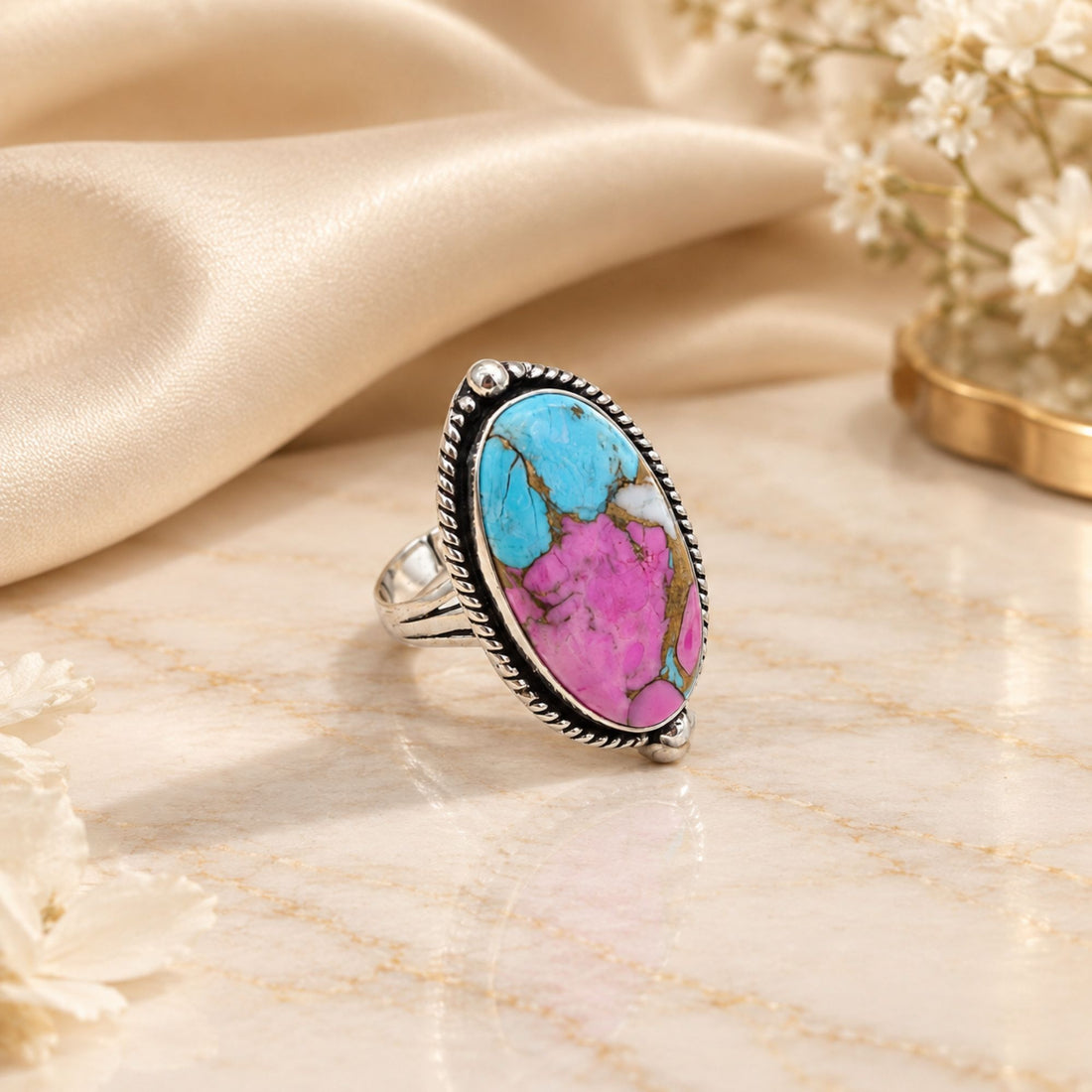 Pink Copper Turquoise Statement Ring, Adjustable US Size 9, Handmade 925 Silver Plated Jewelry, Natural Gemstone Gift for Her