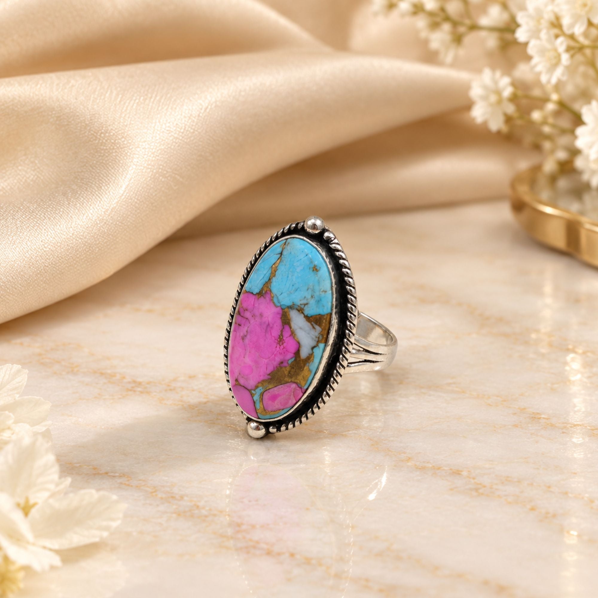 Pink Copper Turquoise Statement Ring, Adjustable US Size 9, Handmade 925 Silver Plated Jewelry, Natural Gemstone Gift for Her