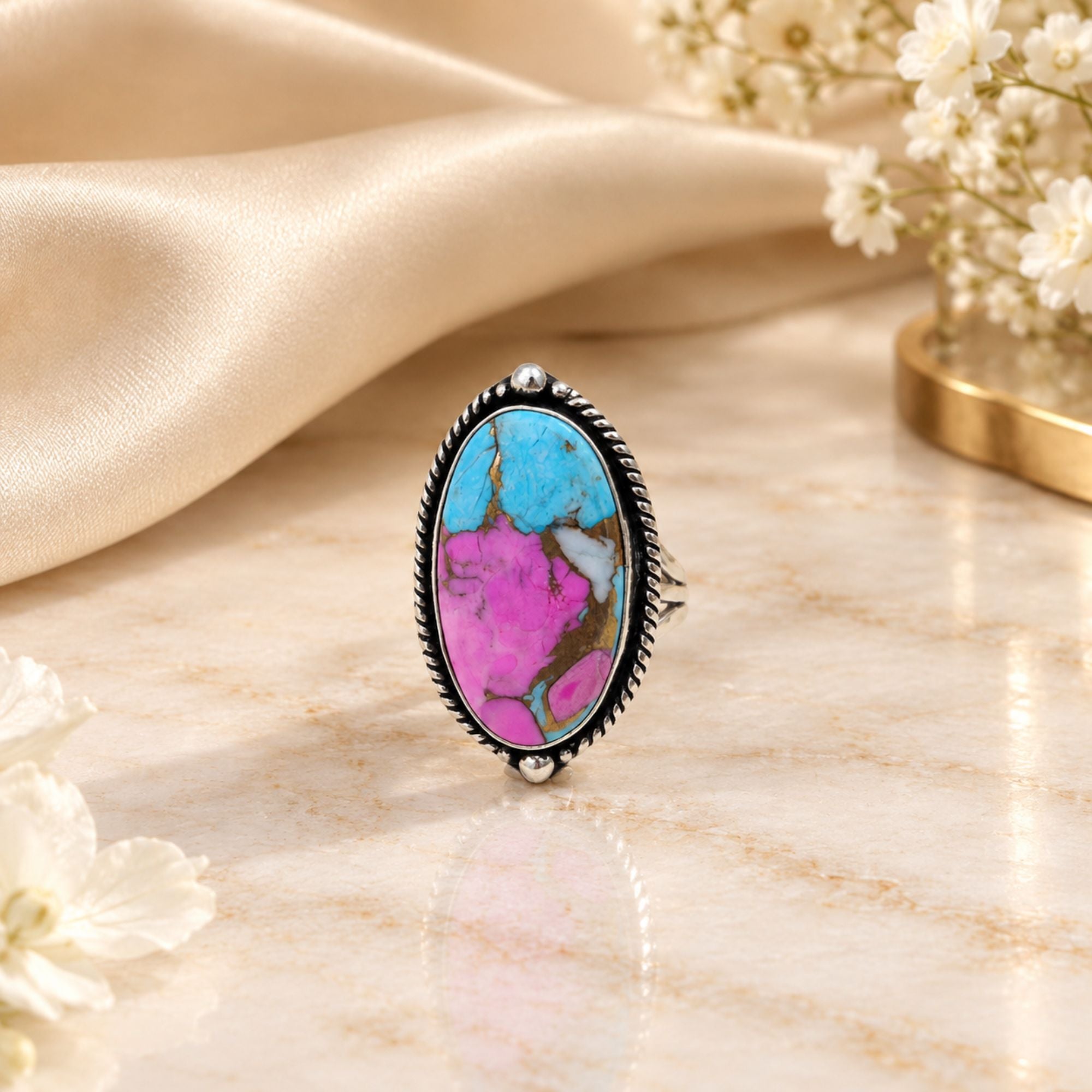 Pink Copper Turquoise Statement Ring, Adjustable US Size 9, Handmade 925 Silver Plated Jewelry, Natural Gemstone Gift for Her
