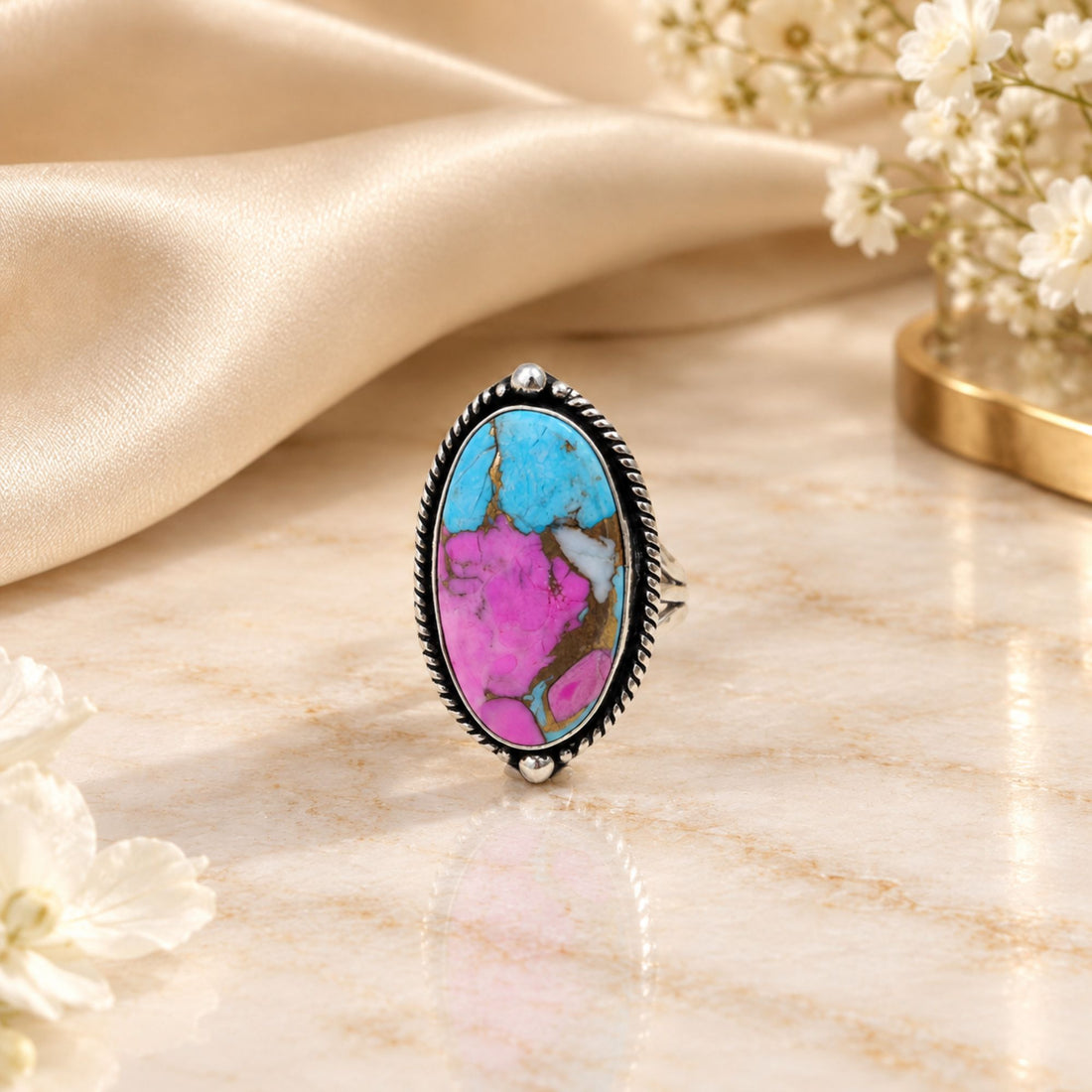 Pink Copper Turquoise Statement Ring, Adjustable US Size 9, Handmade 925 Silver Plated Jewelry, Natural Gemstone Gift for Her
