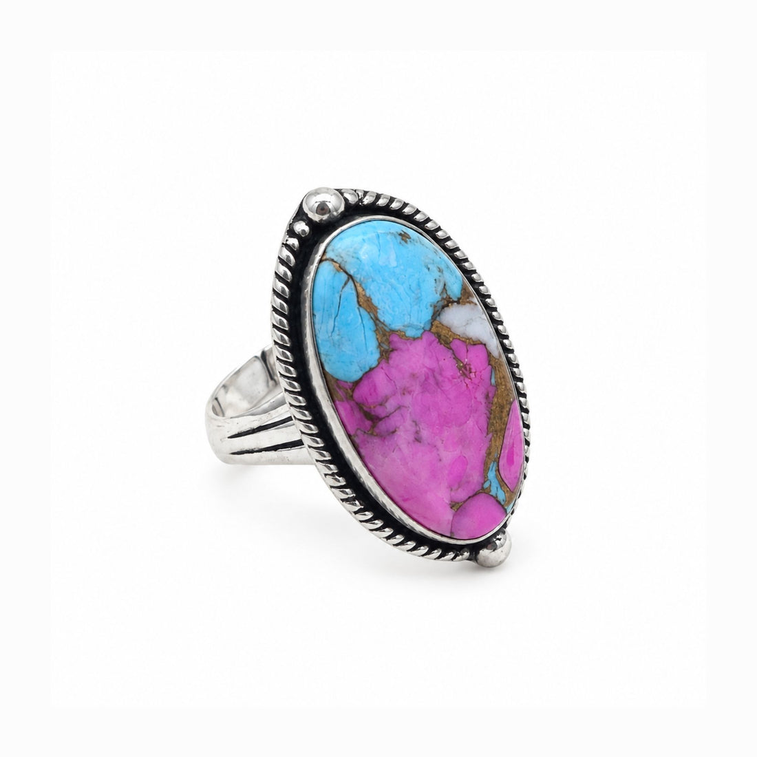 Pink Copper Turquoise Statement Ring, Adjustable US Size 9, Handmade 925 Silver Plated Jewelry, Natural Gemstone Gift for Her