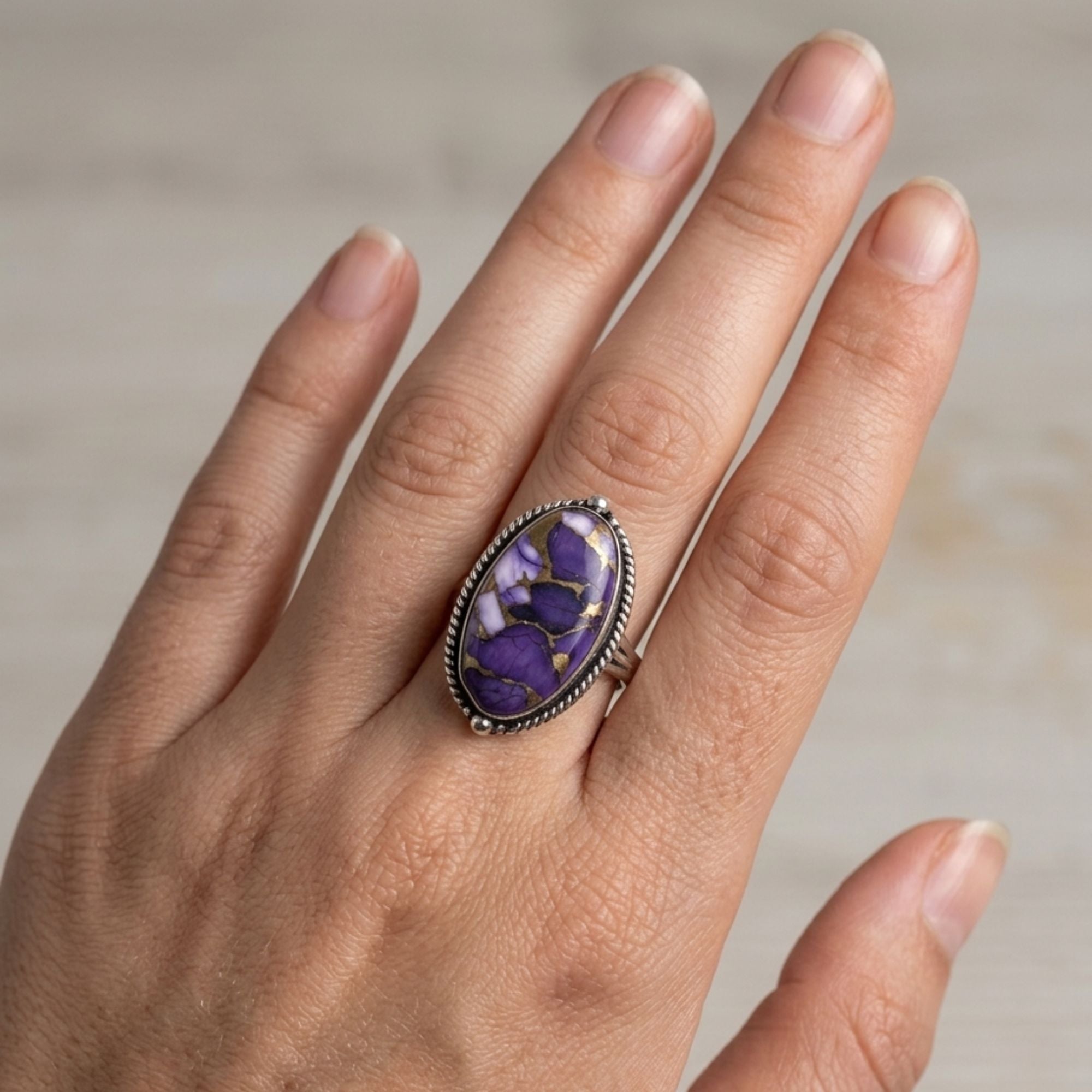 Purple Copper Turquoise Statement Ring, Adjustable US Size 9, Handmade 925 Silver Plated Jewelry, Natural Gemstone Gift for Her