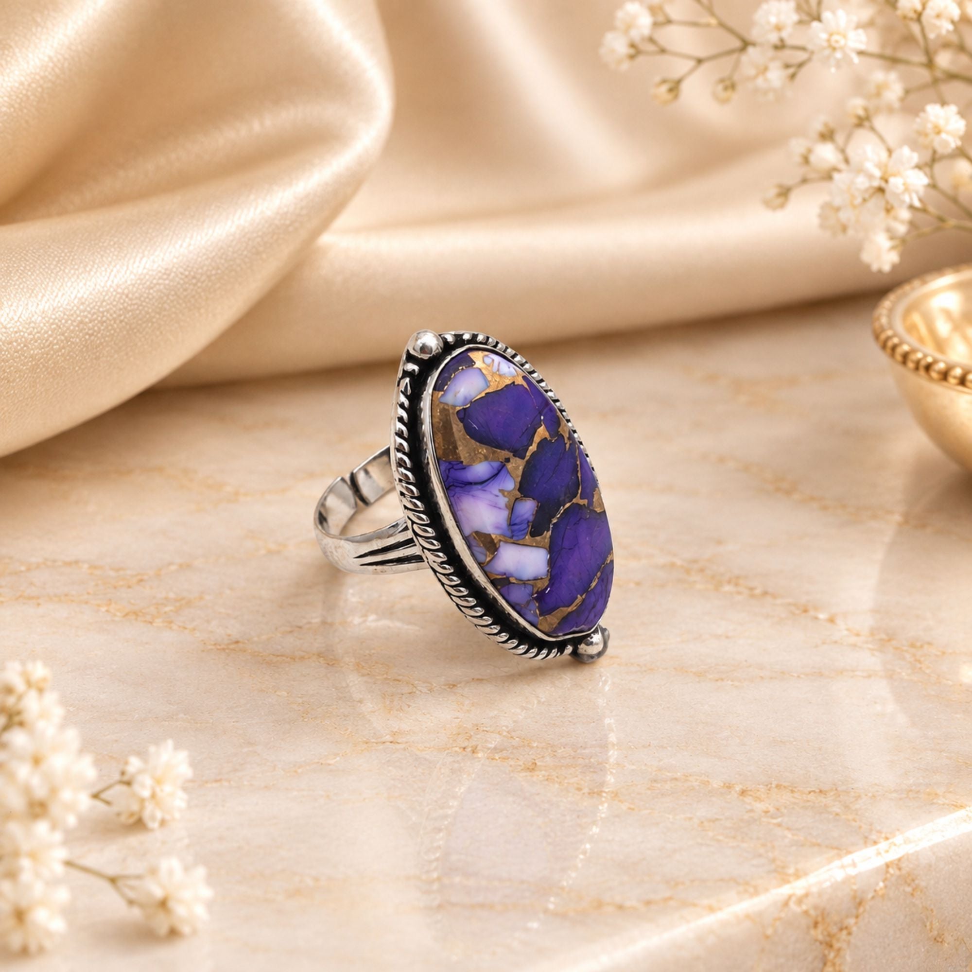 Purple Copper Turquoise Statement Ring, Adjustable US Size 9, Handmade 925 Silver Plated Jewelry, Natural Gemstone Gift for Her