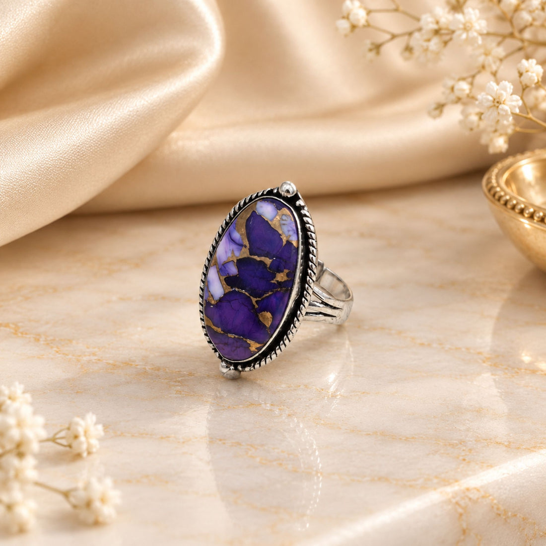Purple Copper Turquoise Statement Ring, Adjustable US Size 9, Handmade 925 Silver Plated Jewelry, Natural Gemstone Gift for Her