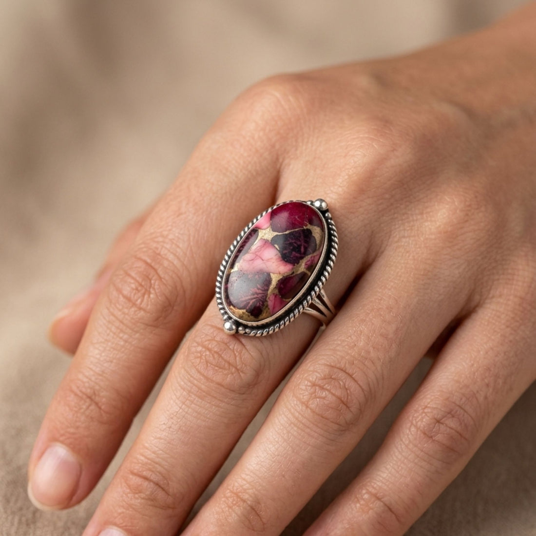Red Copper Turquoise Statement Ring, Adjustable US Size 9, Handmade 925 Silver Plated Jewelry, Natural Gemstone Gift for Her