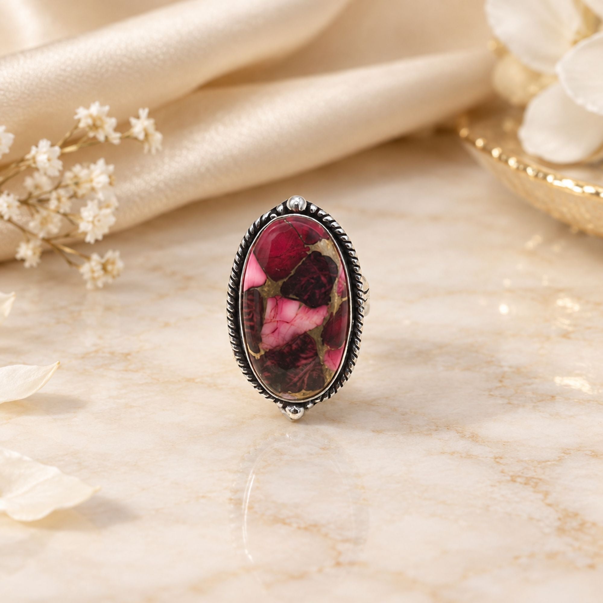 Red Copper Turquoise Statement Ring, Adjustable US Size 9, Handmade 925 Silver Plated Jewelry, Natural Gemstone Gift for Her